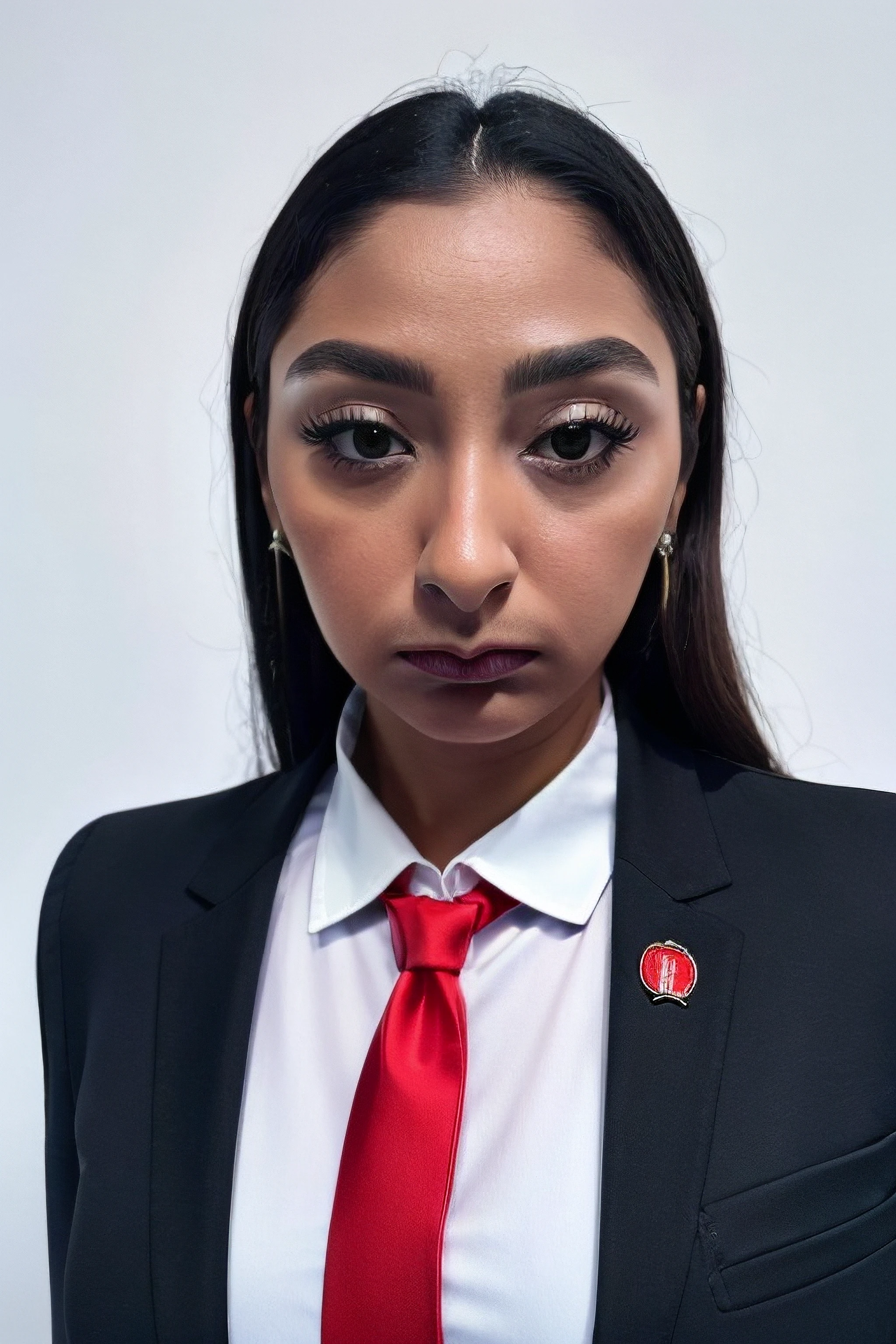 masterpiece, best quality, <lora:danielap-10:0.7> danielap, a woman in a black suit, red necktie, collared shirt, upper body, looking at viewer, serious, simple background,, white background, absurdres, highly detailed, perfect photo