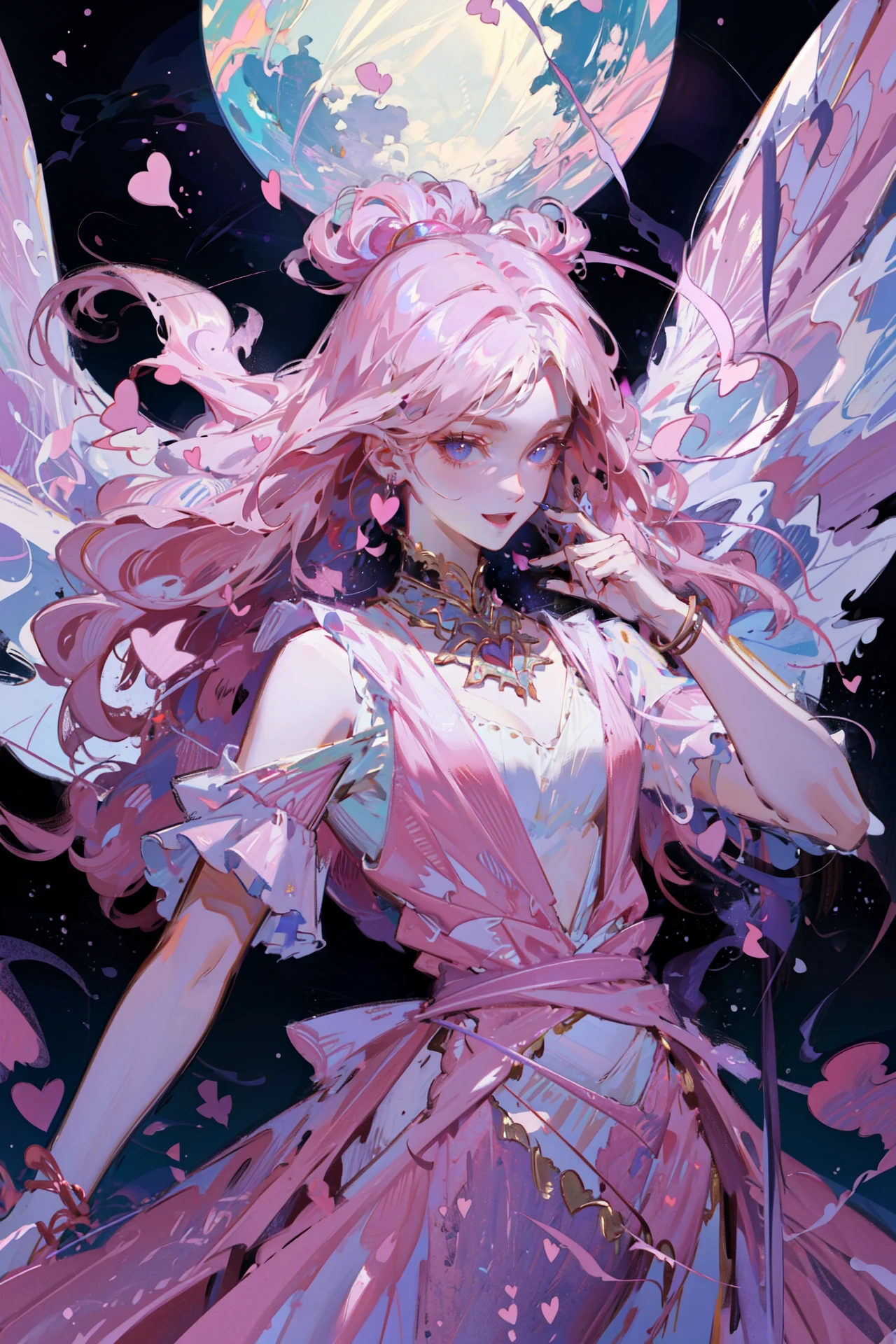 (masterpiece) | (best quality), ultra-realistic, dramatic lighting, surrealistic, dreamy atmosphere, (1girl), a touch of mystery, ethereal, intricate details, (pink hair), graceful, delicate, in a magical forest, artistic composition, (butterflies), magic, wicca, gothic, sorcerer --auto --s2