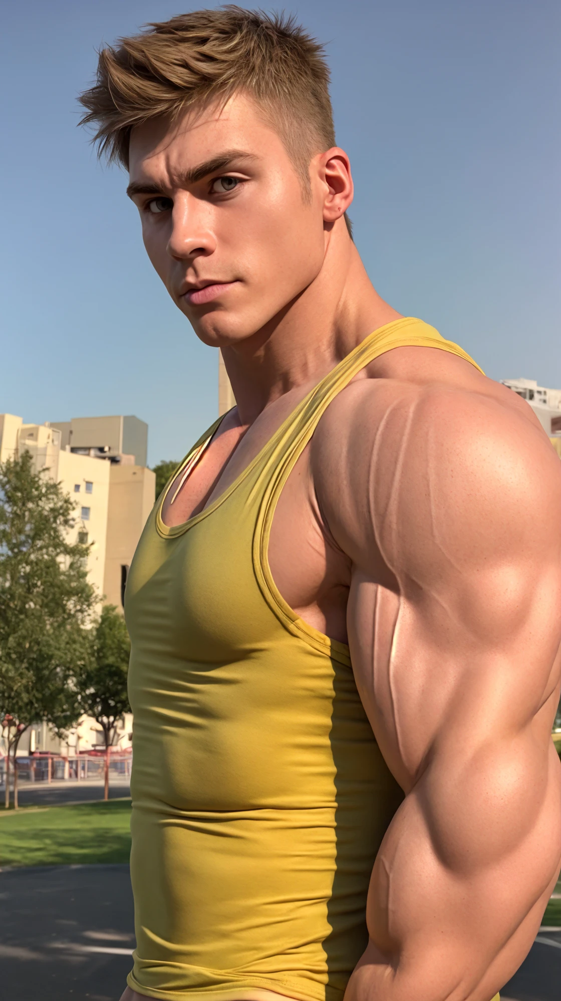 erwin_smith, muscular, thick eyebrows, blue eyes, broad shoulders, crossed arms, shirtless, hairy chest, looking at you, park, jogging, sweaty, daylight, <lora:erwin_smith:0.6>, <lora:add_detail:1>