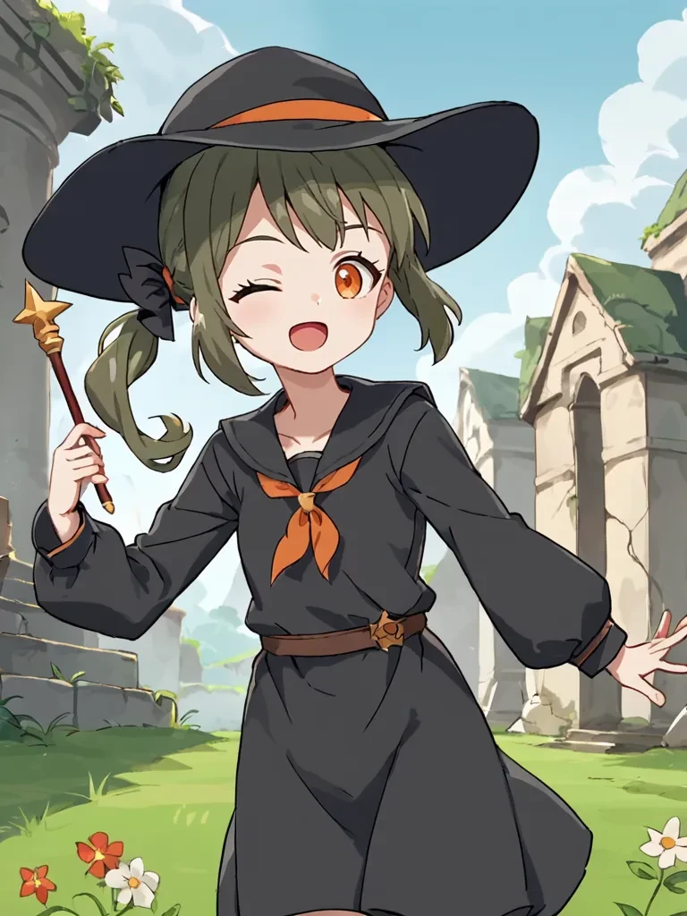 score_9, score_8_up, score_7_up, source_anime, 2D, anime_screencap, <lora:lostruinsheroinepony:1>,
1girl, solo, heroineloru, green hair, side ponytail, orange eyes, black robes, long sleeves, wand, grass, old ruins, witch hat, looking at viewer, open mouth, :o, wink