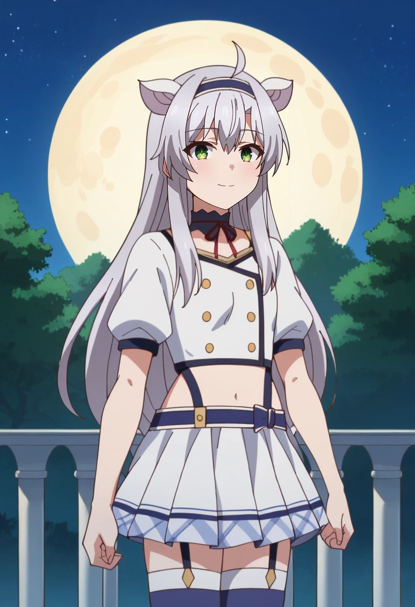 score_9, score_8_up, score_7_up, source_anime, 
<lora:Rokuaka_SistineFibelXL:0.8>, SistineFibel,
1girl, solo, closed mouth, light smile,
grey hair, green eyes, long hair, ahoge, animal ears, hairband,
SistineSchool, choker, red ribbon, white shirt, crop top, garter straps, white skirt, blue thighhighs, buttons, short sleeves, asymmetrical clothes,
standing, looking at the viewer,
outdoors, forest, medieval, castle, balcony, moon, night, starry sky