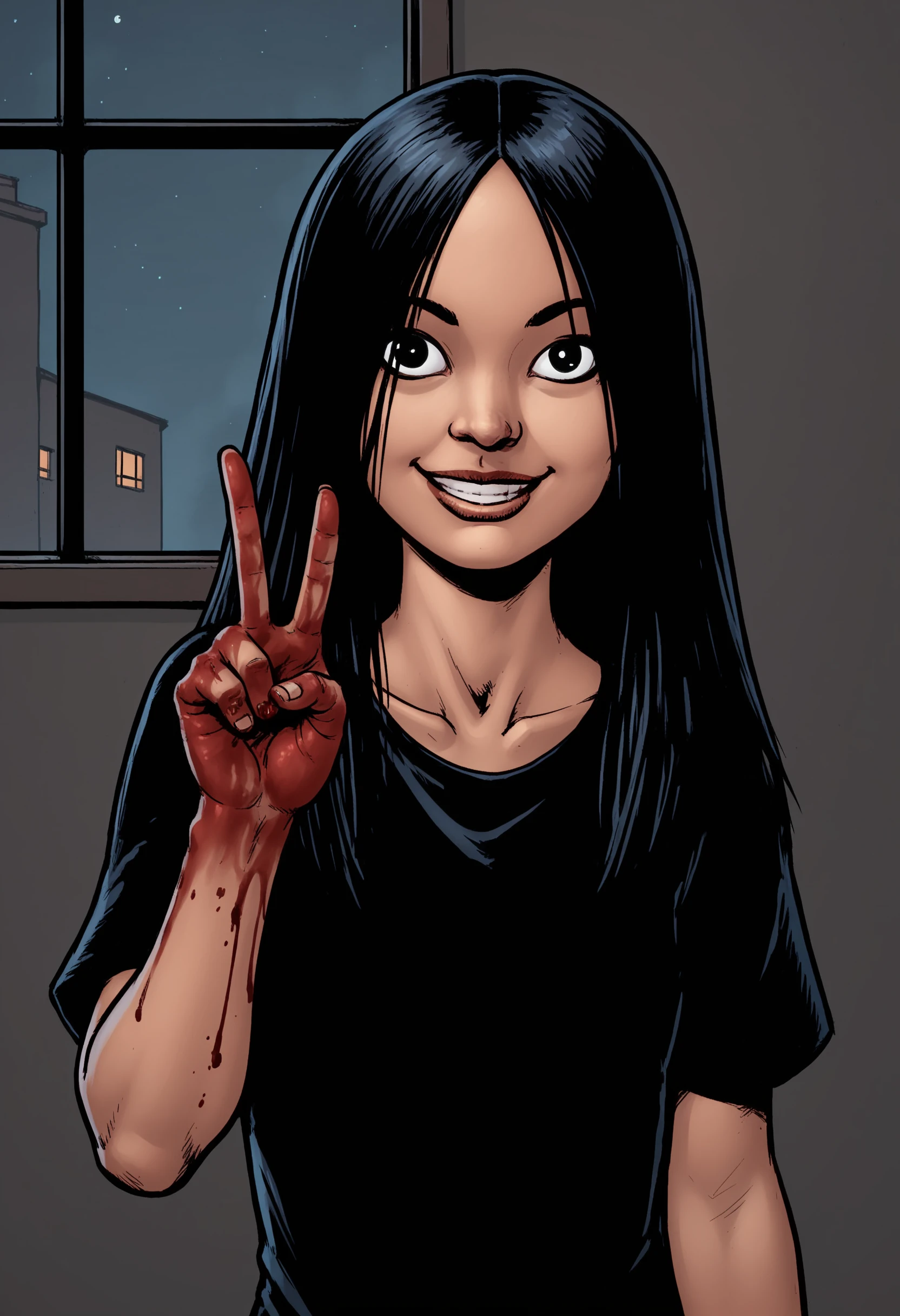 score_9, score_8_up, score_7_up, score_6_up, score_5_up, score_4_up, source_western, source_cartoon, 1girl, <lora:TheFemale:0.85> flat chest, black eyes, black hair, long hair, black shirt, blood on hands, smile, v sign,
living room background, dark background, night time, wall, window,