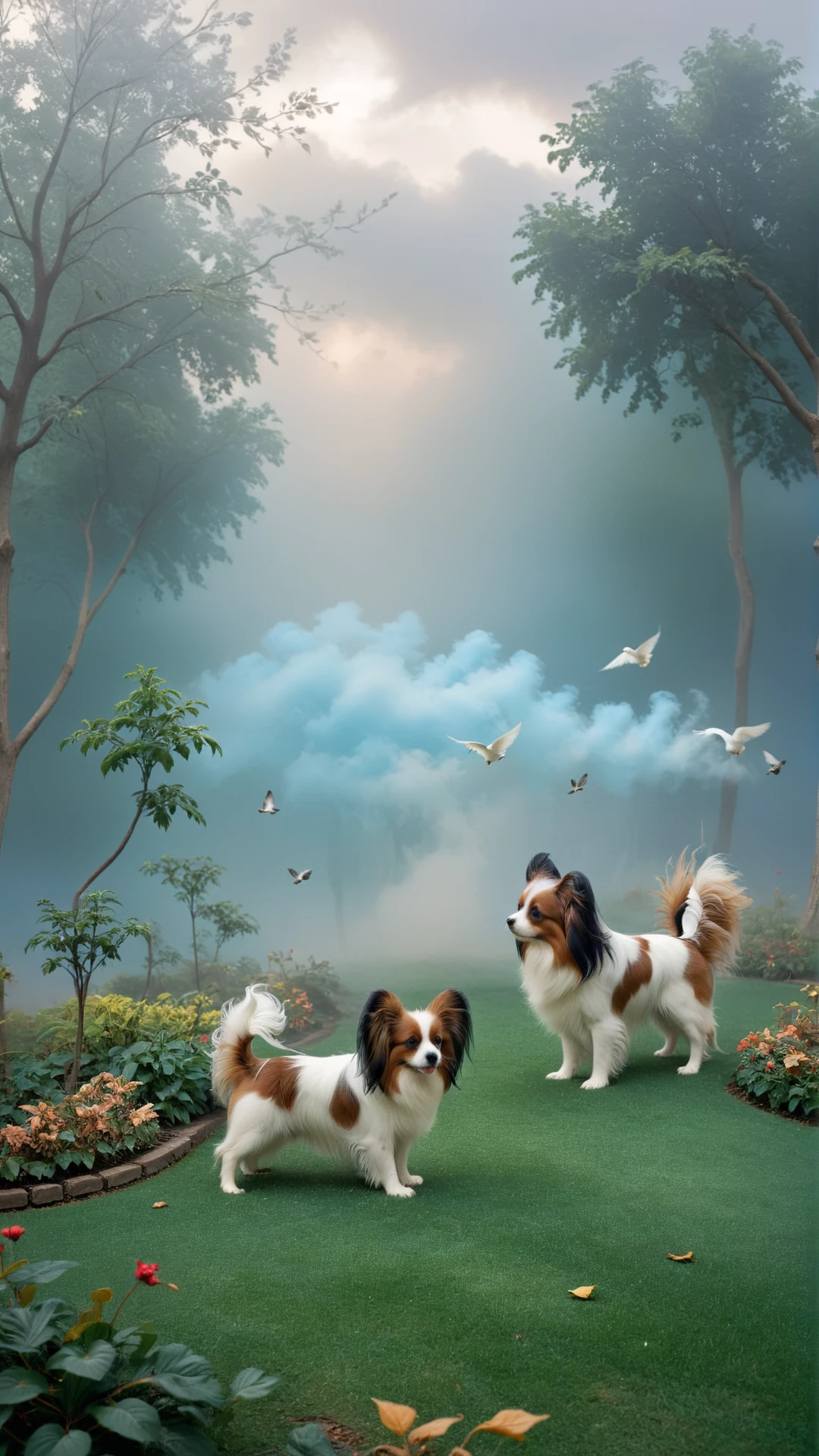 (3 dogs:1.2) playing in center, NOBLEDOGS_CTS <lora:NOBLEDOGS_CTS-000018:0.53> NOBLEDOGS_CKCS <lora:Noble_Dogs_XL_CKCS_E27:0.33>, (Phalene and Papillon dogs with long hairs blown by wind:1.3), (smiling and waving its tail:0.7), dark eyes of cute puppies, fit beautiful toy spaniel dogs
BREAK dogs are playing inside (cozy royal garden:1.1), big size difference in surreal dreamy picture, (unusual surreal perspective:1.2), (low contrast soft pastel drawing:1.1), (cloudy:-0.3) (sky with soft dimmed light at early morning:0.8), full body detailed photorealistic drawing drawn by hand, (leafs and birds:0.8), (realistic highly detailed turbulent fog:0.8)
BREAK soft focus, (shallow depth of field, Helios_44_2 swirly bokeh:0.6), (light leaks, gloom:0.4), (analog film simulation:0.8) vintage <lora:vintage-XL:0.33>