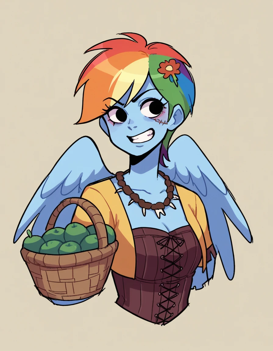 zPDXL, score_9, score_8_up, score_7_up, source_anime, 8k, absurdres, flat color, sketch,
<lora:StickySweet_v2:1> stkyswt, 1girl, solo, black eyes, female prehistoric cavewoman wearing Patchwork hide corset, patchwork hide skirt, feathered hairpin, hide sandals, teeth necklace,woven basket filled with plants and fruits,feathered headdress, upper body, portrait, personification, human , rainbow dash, rainbow hair, black eyes, blue skin, colored skin, pegasus wings,