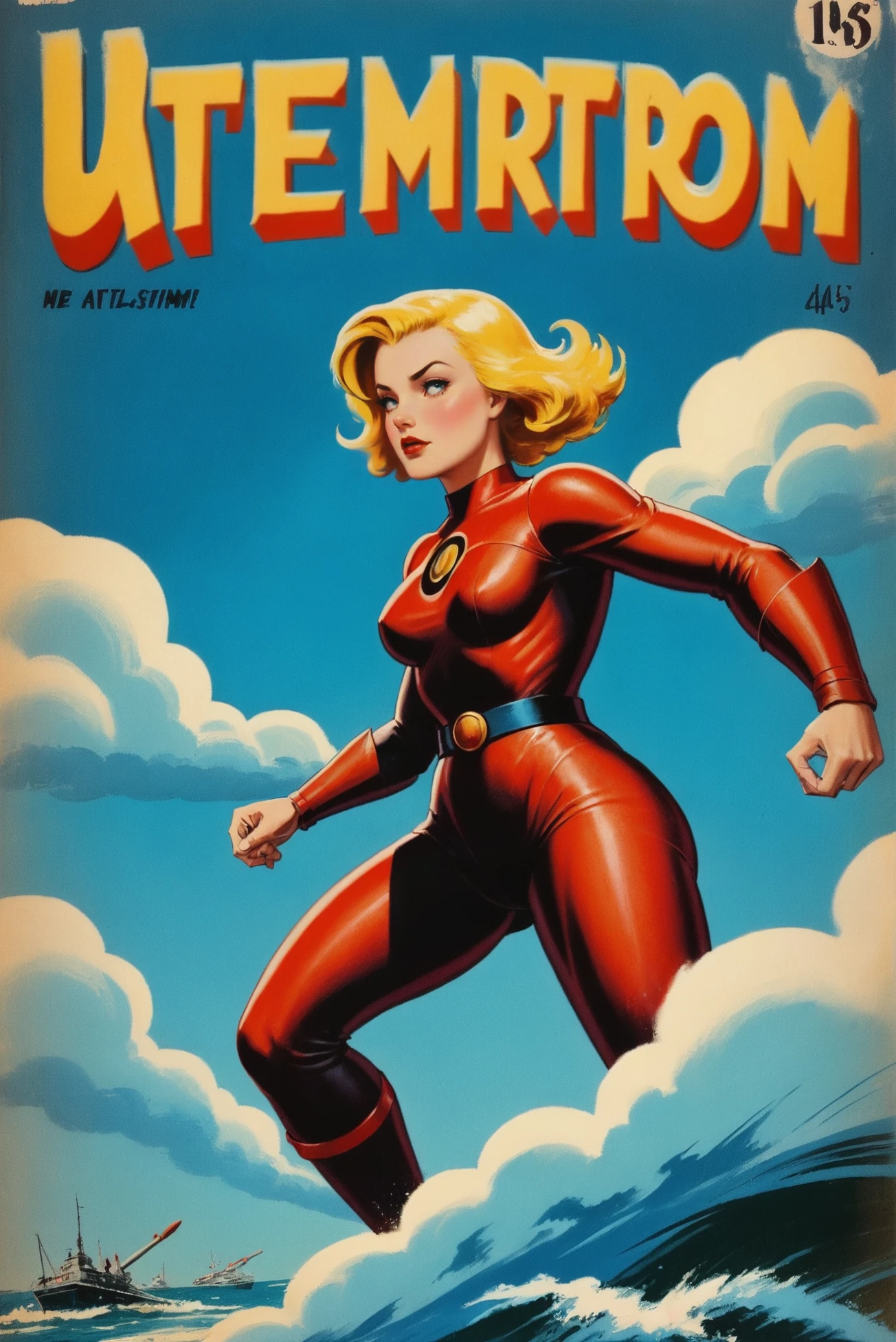 retro 1940s comic book cover, rough brush strokes, golden hour, blue sky, clouds, scenery, "at the ultimate maelstrom"<lora:EnvyStarlightRetro03:1.25>