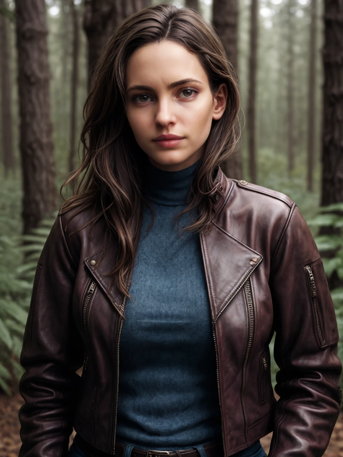 <lora:add_detail:0.5>, <lora:Baquero:0.8>, artistic, 1woman, best quality, realistic face, looking at viewer, solo, portrait, leather jacket, in forest