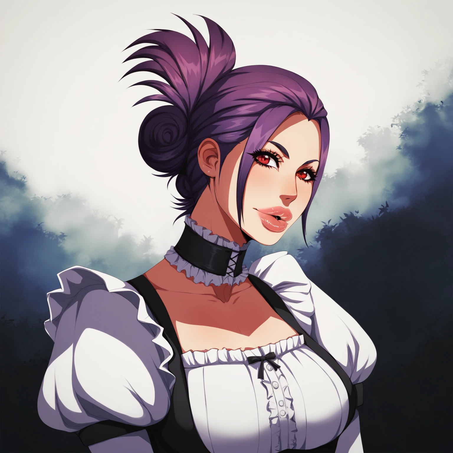 score_9, score_8_up, score_7_up, score_6_up, score_5_up, score_4_up, cyberunique \(artist\), @cyberuniqueart, naruto_bomb \(series\), background: medieval, source_anime, 1girl, solo,purple hair, red eyes, folded ponytail, barmaid outfit, large tits, big lips,<lora:Cyberunique-@CyberuniqueArt-Naruto Bomb_PonyXL:1>