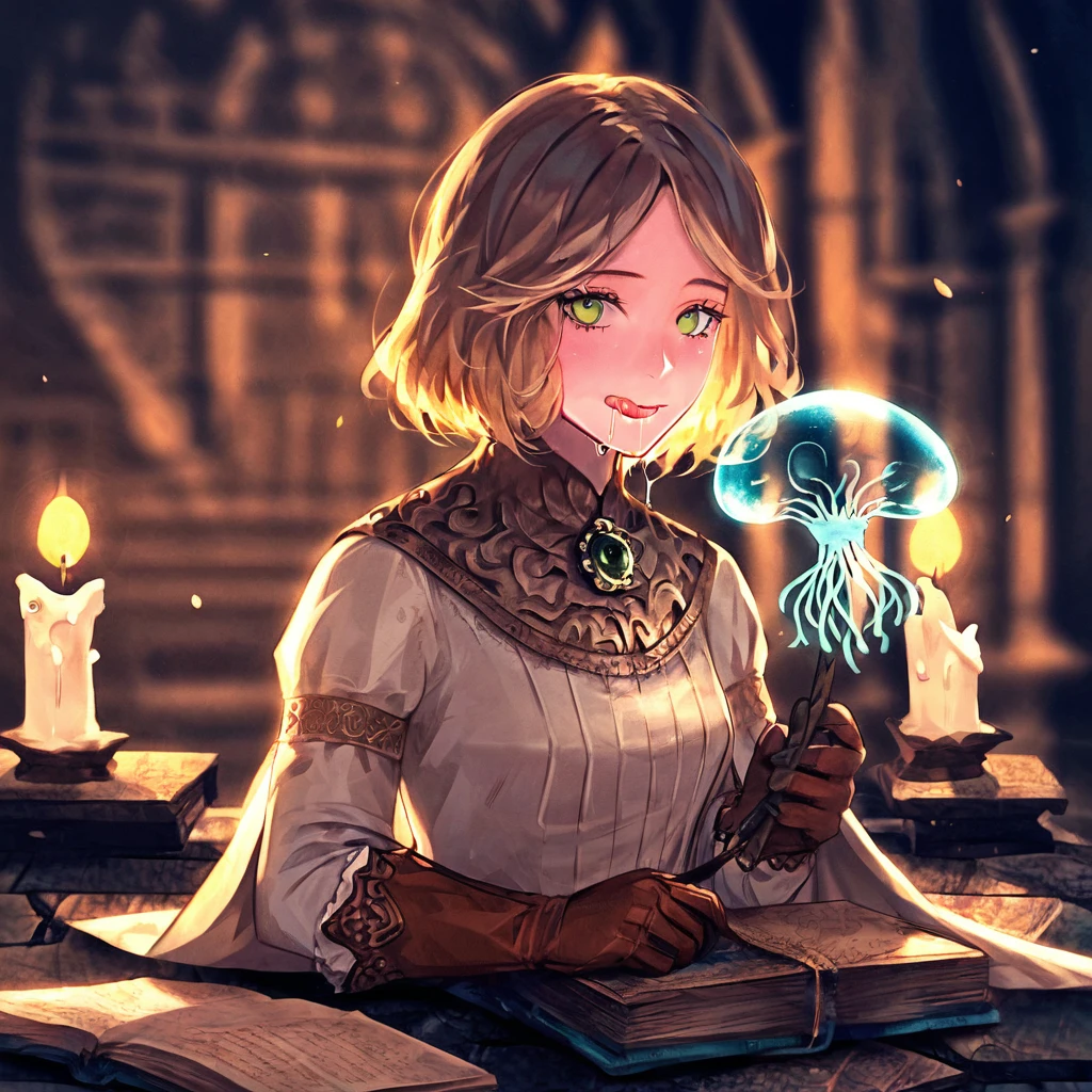 1girl,solo,full body,
<lora:Roderika:1>,roderika,elden ring,looking at viewer,bright green eyes,smile,licking lips,drooling,saliva,holding jellyfish,brown gloves,dress,brooch,church,seiza,on floor,stone floor,book,candle,, (score_9,score_8_up,score_7_up), anime style, beautiful detailed skin, beautiful eyes, detailed face, best quality, high quality,