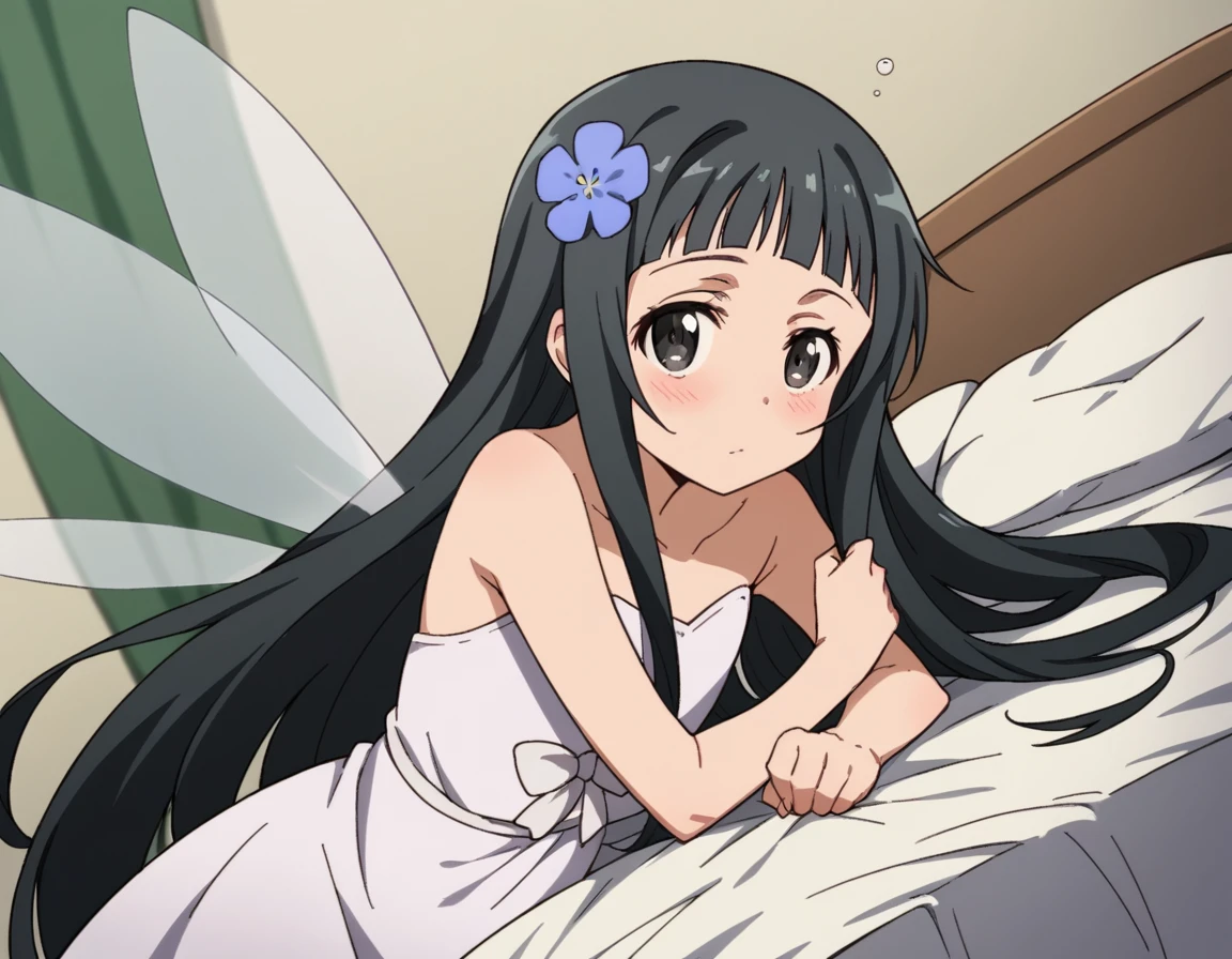 score_9, score_8_up, score_7_up, source_anime,
saoyui, <lora:sao-yui-s1-alo-ponyxl-lora-nochekaiser:0.8>,
yui, long hair, bangs, black hair, hair ornament, very long hair, flower, hair flower, black eyes,
dress, bare shoulders, collarbone, wings, fairy wings, fairy,
indoors, bed, bed room, on side, blush, drunk,
cowboy shot, looking at viewer, solo, dutch angle,
