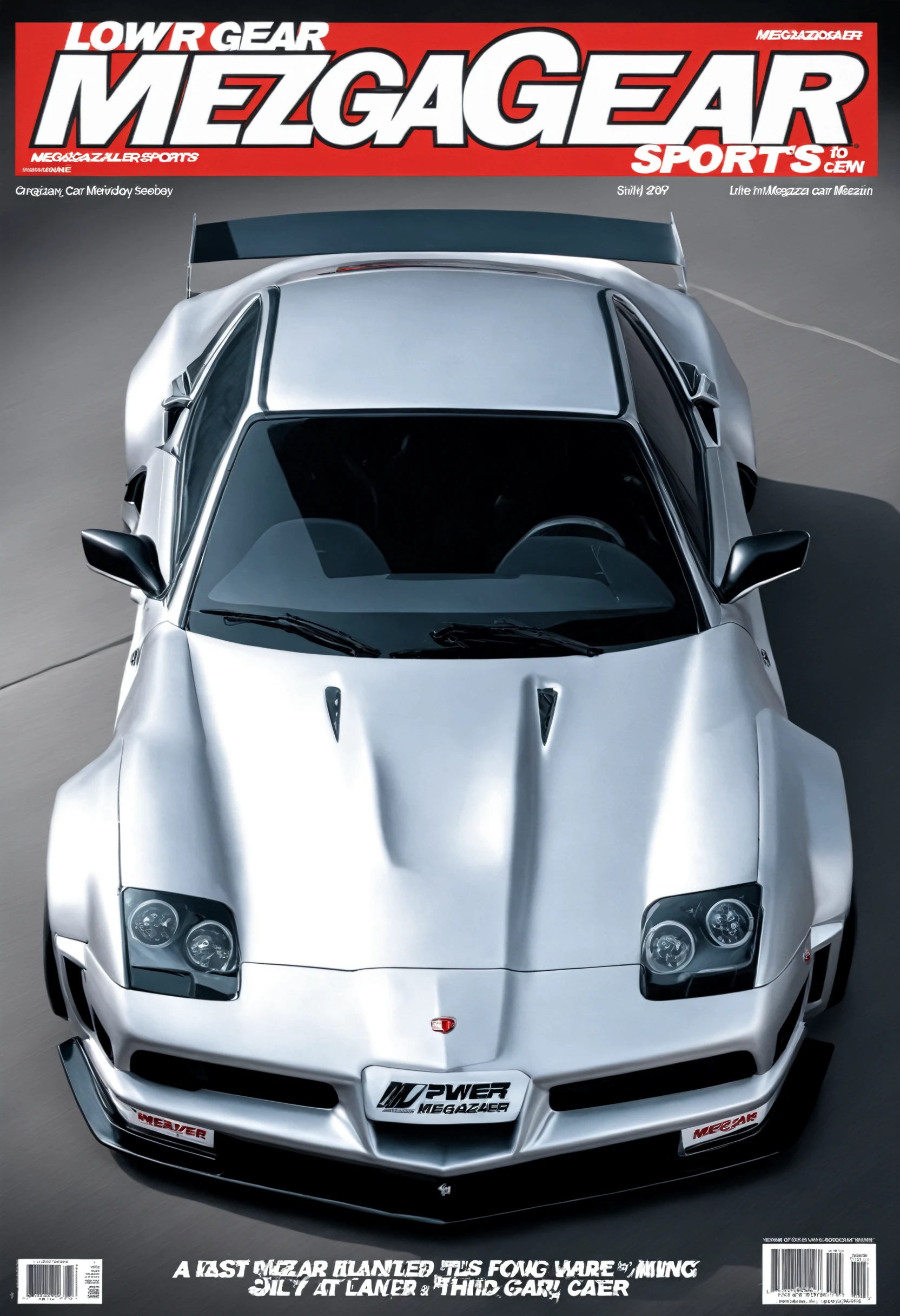 ((masterpiece,best quality)), ultra detailed, silver widebody sports car, vehicle focus, a cover page of a car megazine "Low Gear", <lora:WBC-XL-v1-000006:0.9>