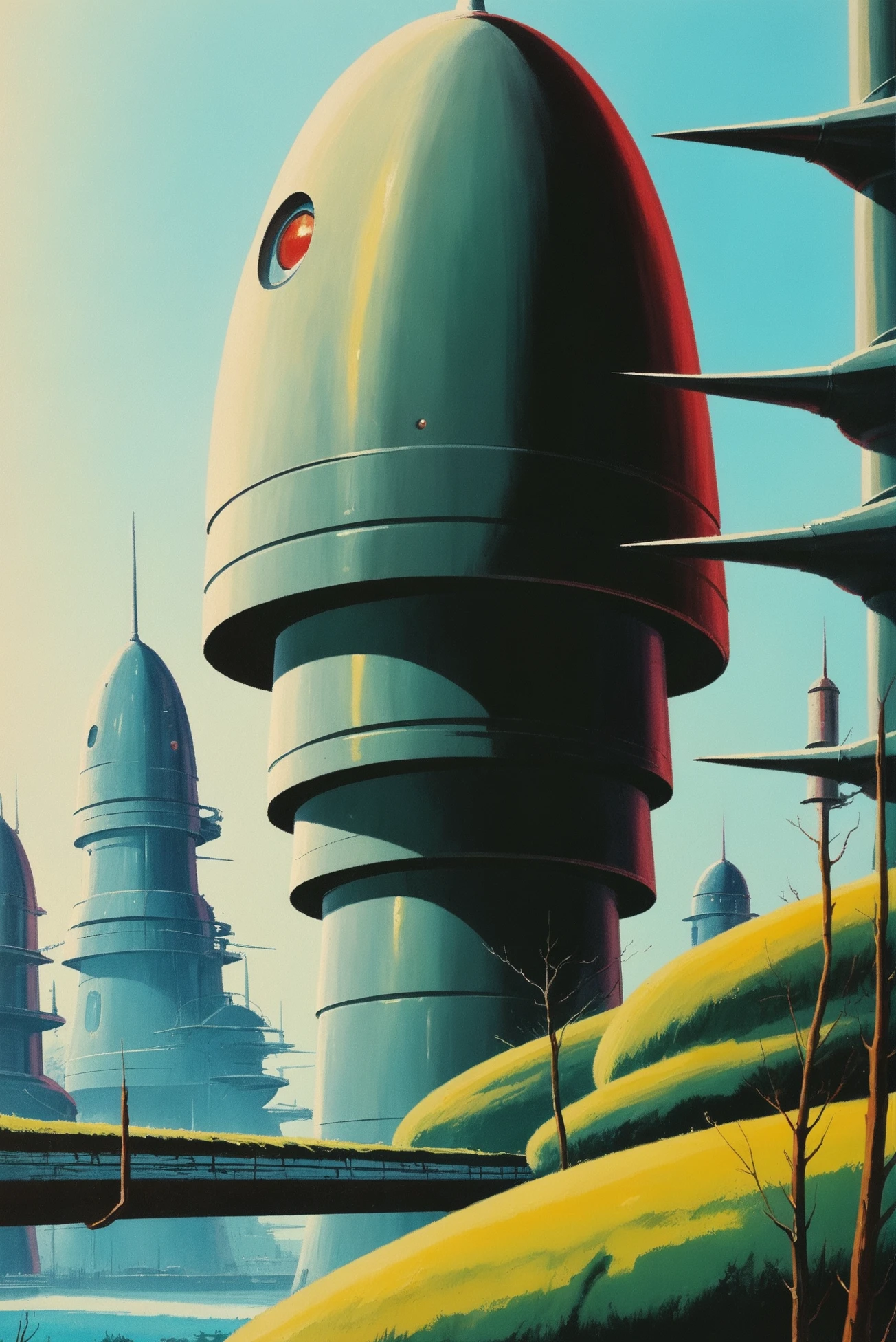 retro 1950s poster, rough brush strokes, comic book style, a epic,gargantuan scifi sprawling arcology outside of time, masterpiece, by Jon McCoy<lora:EnvyStarlightRetro03:1.25>