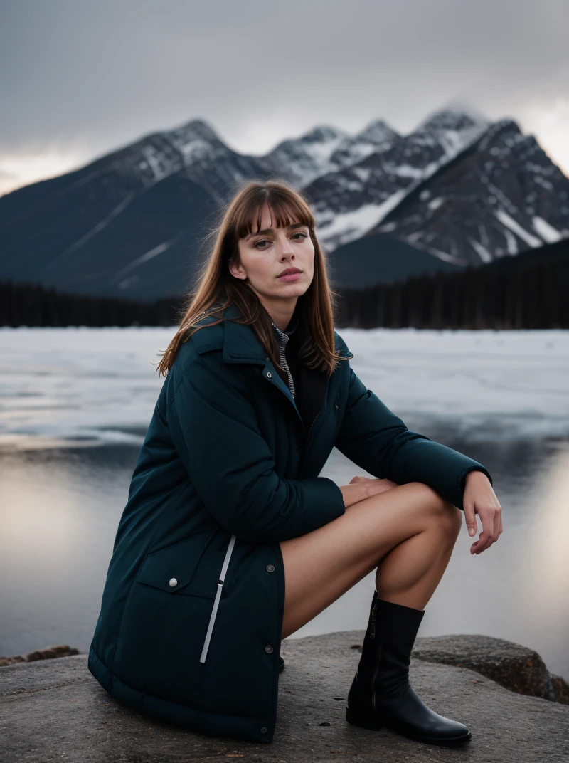 Analog photo, tv_Tracy_Wozniaki_MXAI , sad expression, wearing a winter coat, wearing winter pants, wearing winter boots, sitting on a rock by a frozen mountain lake, midnight, moonlight, shot from the side, PA7_Portrait-FL, (((Ultra-HD-details, Ultra-HD-detailed, Ultra-HD-realistic, Ultra-HD-photo-same-realistic-quality-details))), 8k uhd, dslr, soft lighting, high quality, film grain, Fujifilm XT3