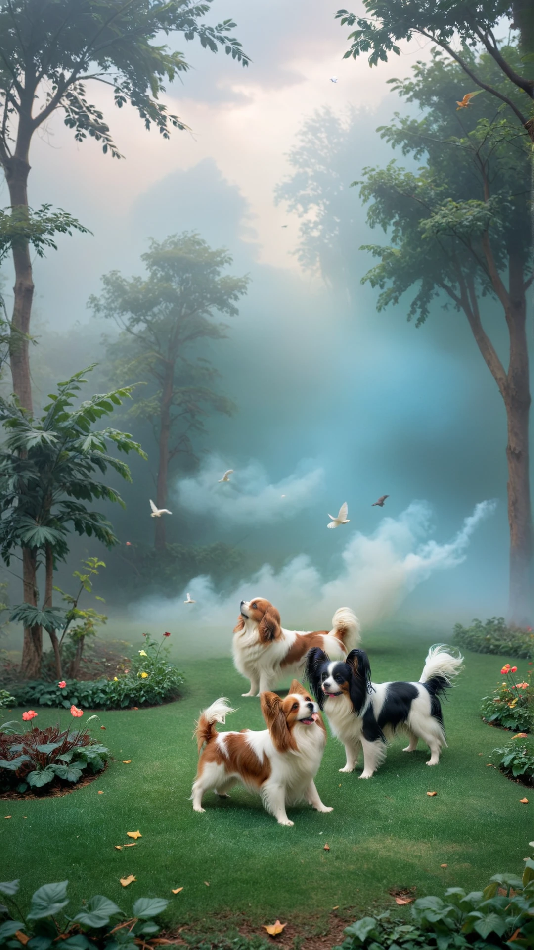 (3 dogs:1.2) playing in center, NOBLEDOGS_CTS    <lora:NOBLEDOGS_CTS-000018:0.53> NOBLEDOGS_CKCS    <lora:Noble_Dogs_XL_CKCS_E27:0.33>, (Phalene and Papillon dogs with long hairs blown by wind:1.3), (smiling and waving its tail:0.7), dark eyes of cute puppies, fit beautiful toy spaniel dogs
BREAK dogs are playing inside (cozy royal garden:1.1), big size difference in surreal dreamy picture, (unusual surreal perspective:1.2), (low contrast soft pastel drawing:1.1), (cloudy:-0.3) (sky with soft  dimmed light at early morning:0.8), full body detailed photorealistic drawing drawn by hand, (leafs and birds:0.8), (realistic highly detailed turbulent fog:0.8)
BREAK soft focus,  (shallow depth of field, Helios_44_2 swirly bokeh:0.6), (light leaks, gloom:0.4), (analog film simulation:0.8),  <lora:[XL]bokeh:0.17>  <lora:epiCRealismHelper:0.33>   <lora:Malapris_CinematicRedmond_LORA-128-001a:0.33> vintage  <lora:vintage-XL:0.33>