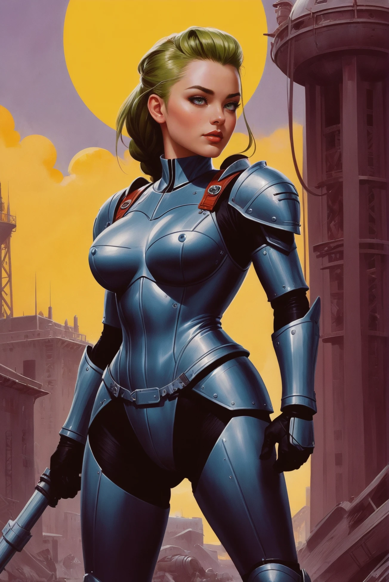 retro 1940s comic book cover, rough brush strokes, 1girl, woman, rough digital painting, full body, 1girl, solo, epic costume design, admiral, darkorchid (heavy silver shield,pauldrons,bracers,helmet,gauntlets,greaves:1.4), caucasian, (average:1.3) build, middle aged, bombshell hair, sunset and green hair, Mohawk Braid, mediumpurple clothes, slim figure, narrow waist, tight ass, medium breasts, (african, dark skin:0.6), Glorious scifi megastructure outside of time<lora:EnvyStarlightRetro04:1.25>