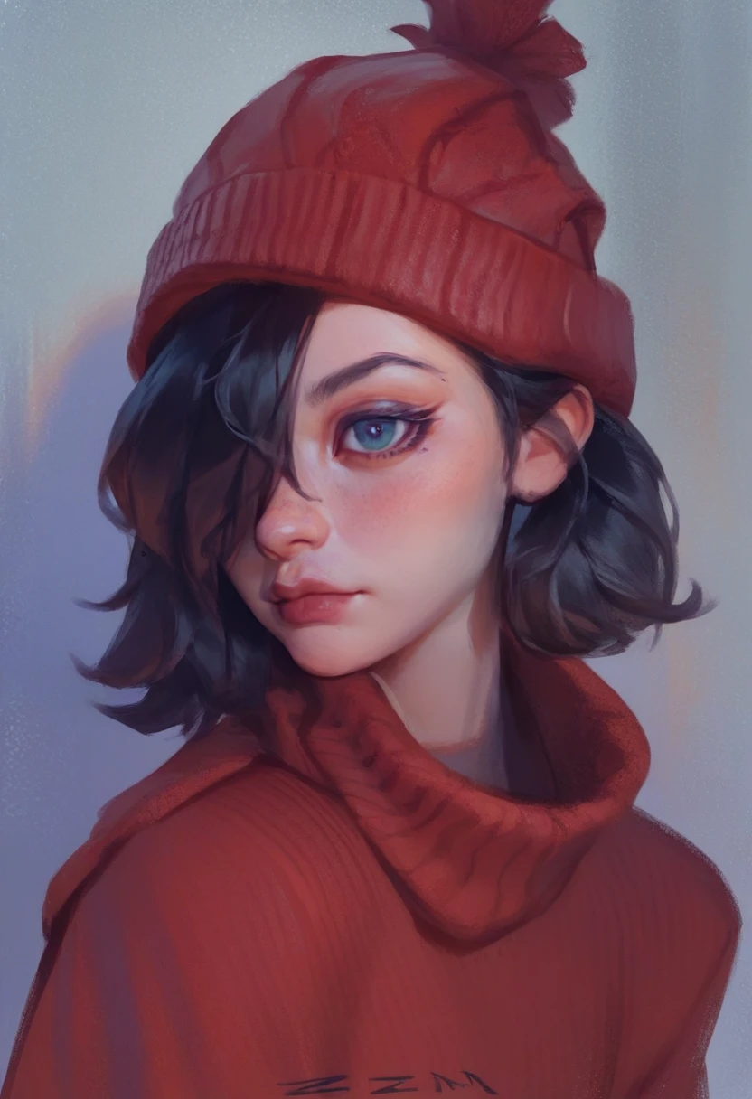 <lora:Smudge15:1> smudgy, traditional art, liu2, brush texture, score_9, score_8_up, score_7_up, 1girl, solo, red sweater, black bob hair, hair covering one eye, red knitted hat,