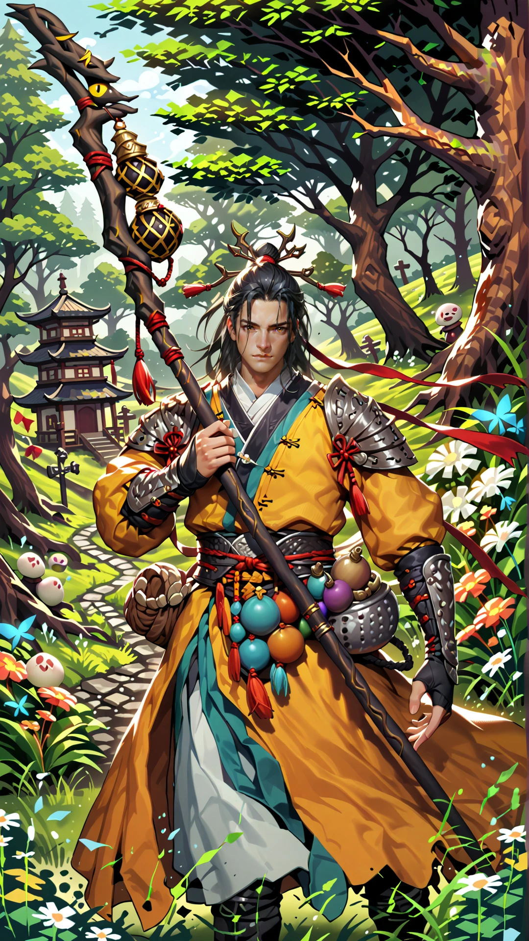 (zPDXL2), (((cowboy shot))), (((dynamic pose))), (((dynamic angle))), webtoon, anime, centered, perfect hands, gosk, 1boy, yellow clothes, staff, holding staff, gourd hang on staff, outdoors, medieval fantasy, Chinese, wuxia, forest background,  <lora:sd_xl_dpo_lora_v1:1>, <lora:OMG-Is-DucHaiten_v1.0:0.1>,  <lora:gosk_PonyXL:0.8>