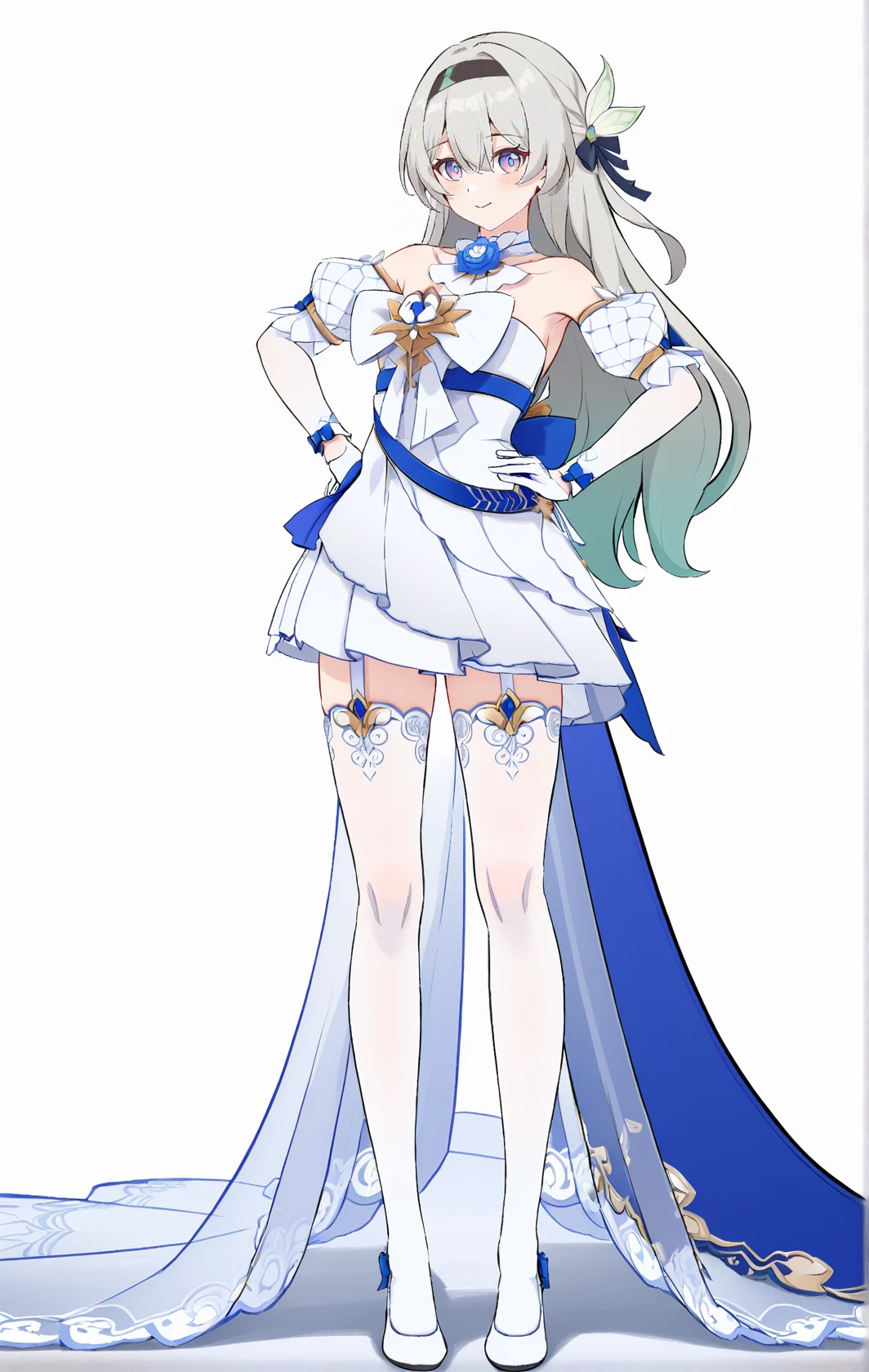 art by komone_ushio, komone_ushio, art by komone ushio, artist:komone ushio,
8k, best quality, masterpiece, (ultra-detailed), (high detailed skin), white background, simple background,
(full body), (white background), standing, looking at viewer, (solo), hand on hip,
<lora:LKtrain-kohaku-Tanger-000010:0.8>, Firefly /\(honkai: star rail/\), Firefly's wedding dress, 1girl, long hair, white dress, white thighhighs, white gloves,
finely_detailed, fine_fabric_emphasis,
full_shot,