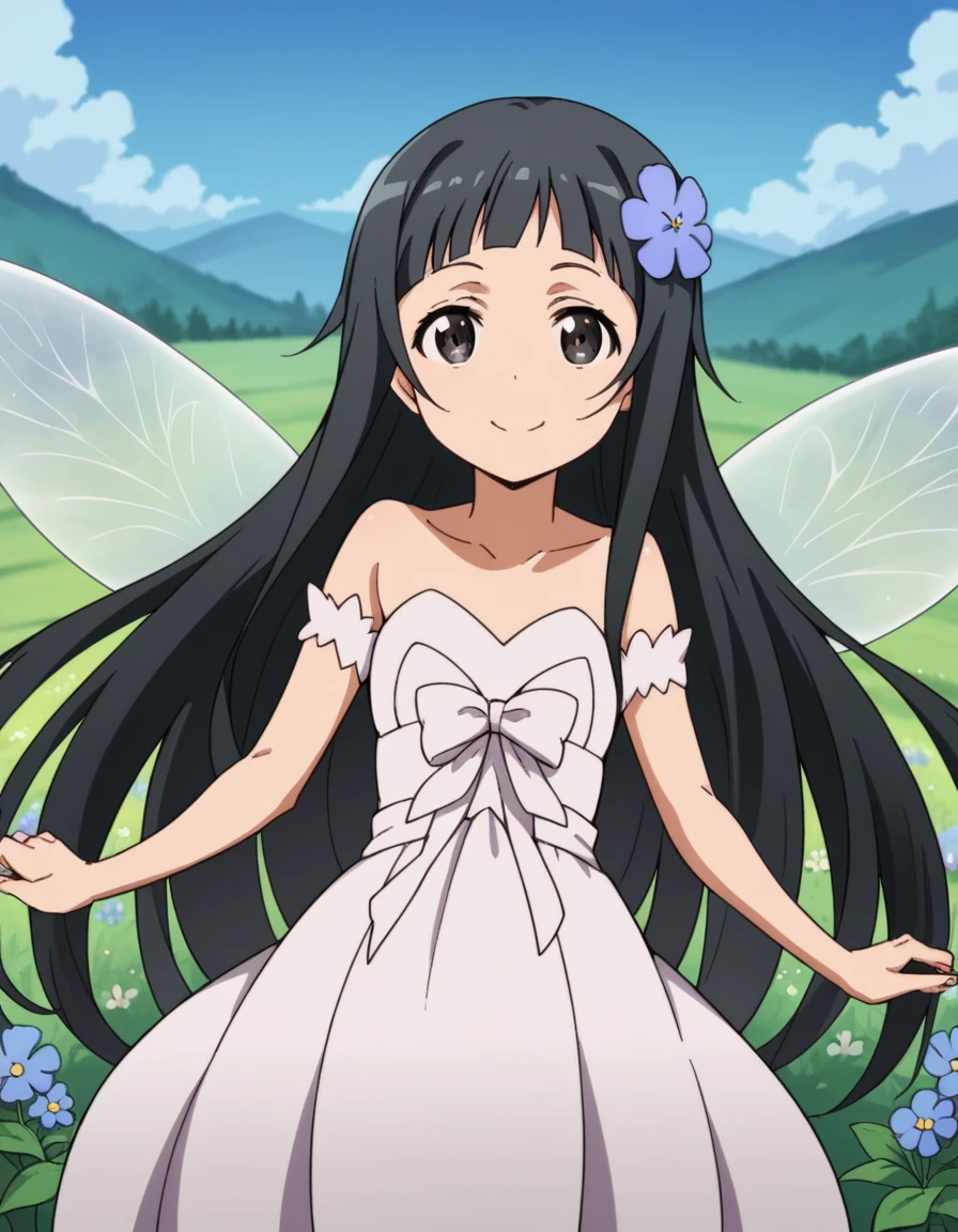 score_9, score_8_up, score_7_up, source_anime,
saoyui, <lora:sao-yui-s1-alo-ponyxl-lora-nochekaiser:0.8>,
yui, long hair, bangs, black hair, hair ornament, very long hair, flower, hair flower, black eyes,
dress, bare shoulders, collarbone, wings, fairy wings, fairy,
outdoors, landscape, smile,
cowboy shot, looking at viewer, solo, dutch angle,