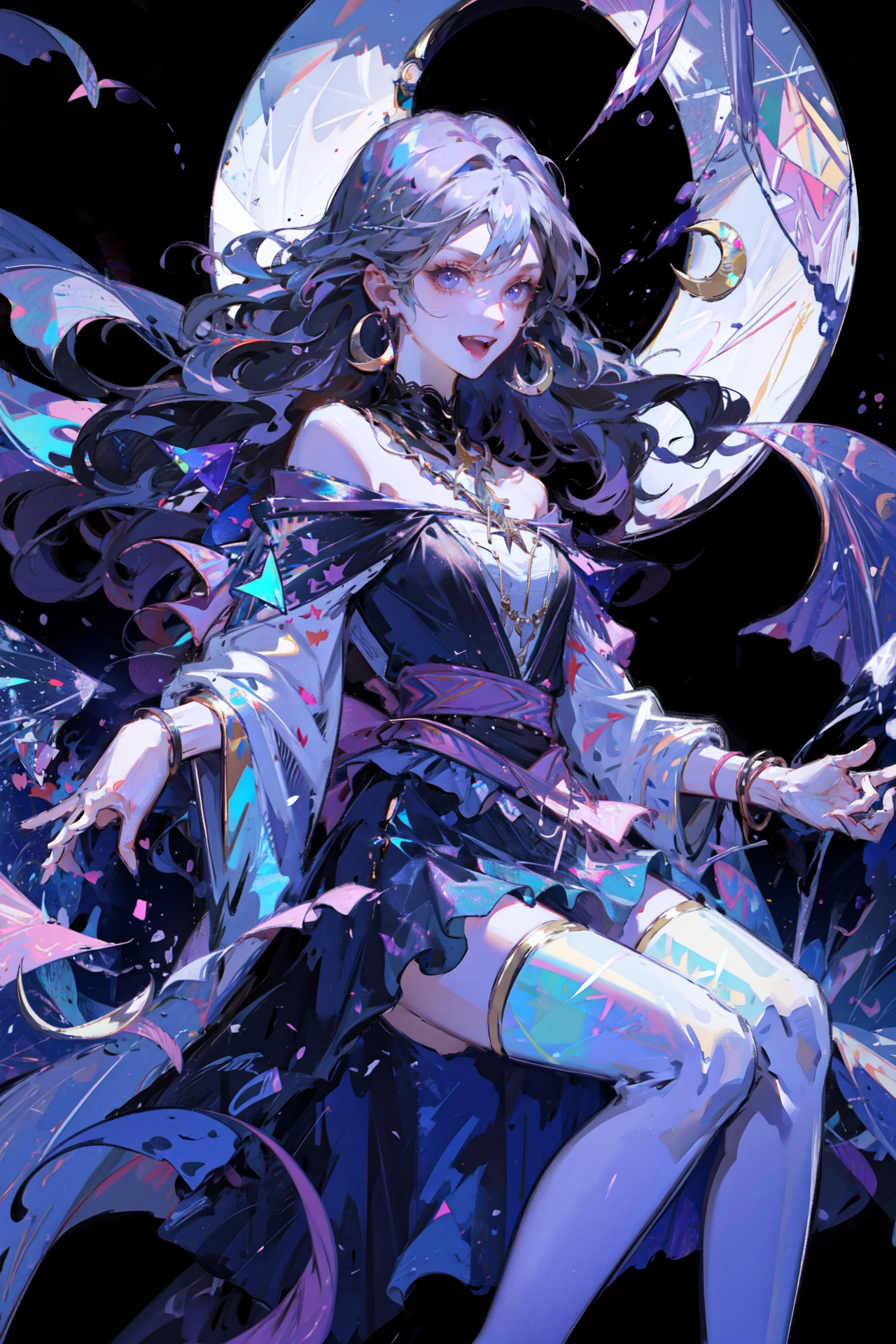 ((best quality, masterpiece, absurbres, super-resolution))
1girl, gentle, elegant, smiling, open mouth, small fangs, little devil, looking at viewer,
BREAK
dancing with you, reaching out to viewer, spinning
BREAK
flowing glistering hair, bejewel accessories, flowy translucent skirt, Off shoulder cut out top with laces
BREAK
(Detailed crescent moon:1.5), (crystal, holographic, prism:1.3)