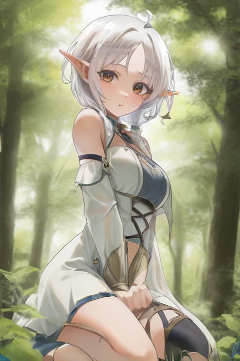 Sylphiette turned to the viewer, white hair, brown eyes,  in the forest <lora:SylphietteXL:0.8>