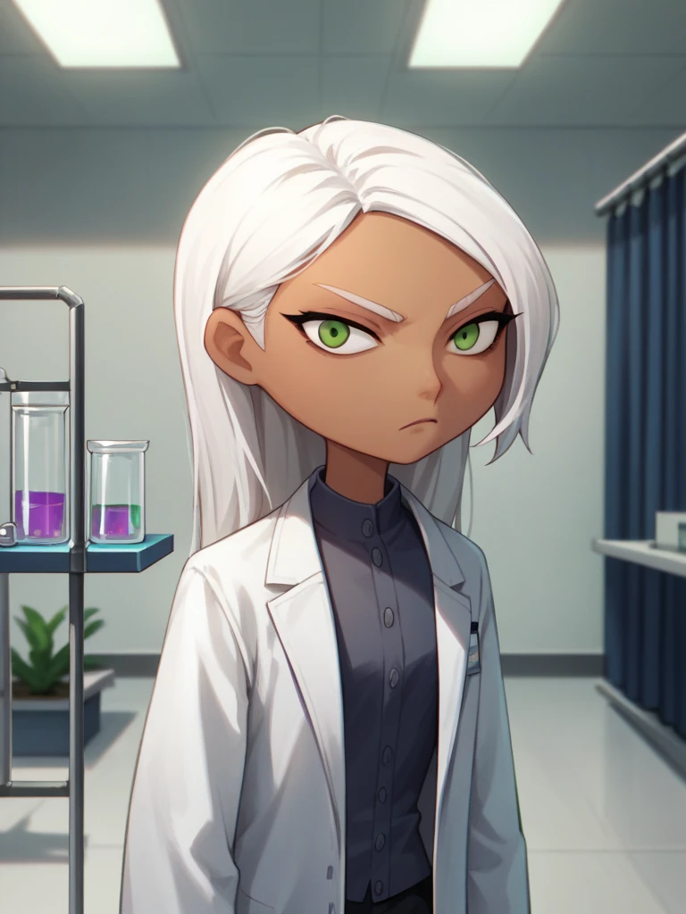 score_9, score_8_up,
1girl, mirage, white hair, long hair, green eyes, dark skin,
lab coat, black pants,
serious, solo, looking at viewer, indoors, standing, medical room, laboratory, vial on shelves    <lora:MirageXLv2:1>