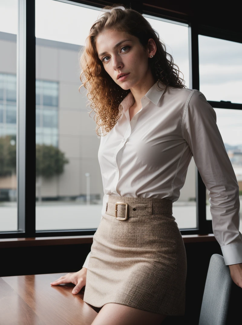 1 girl, skinny, thin, nubile, pretty, gorgeous, posing for picture, , teen, young, youthful, curly hair, photo lighting, in office, skirt, blouse, flirting