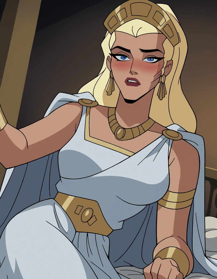 score_9, score_8_up, score_7_up, source_anime,
hippolyta, <lora:hippolyta-dcau-ponyxl-lora-nochekaiser:1>,
hippolyta, long hair, blue eyes, blonde hair, makeup, lipstick,
dress, jewelry, earrings, cape, white dress, necklace, crown, tiara,
indoors, bed, bed room, on side, blush, drunk,
cowboy shot, looking at viewer, solo, dutch angle,