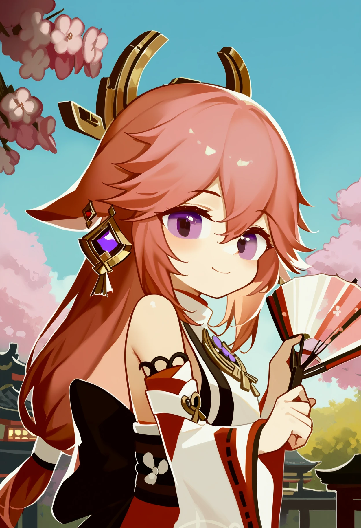 score_9, uncensored, source_anime
BREAK
1girl, yae miko, animal ears, arm up, back bow, bare shoulders, blue sky, bow, cherry blossoms, cowboy shot, day, detached sleeves, earrings, folding fan, fox ears, fox shadow puppet, from side, hair between eyes, hand fan, headpiece, holding, holding fan, jewelry, long hair, low-tied long hair, nontraditional miko, outdoors, pink hair, purple eyes, shirt, sky, sleeveless, sleeveless shirt, smile, solo, vision \(genshin impact\), white shirt, wide sleeves
<lora:antifreez3_pony_v8_autism_base:1>