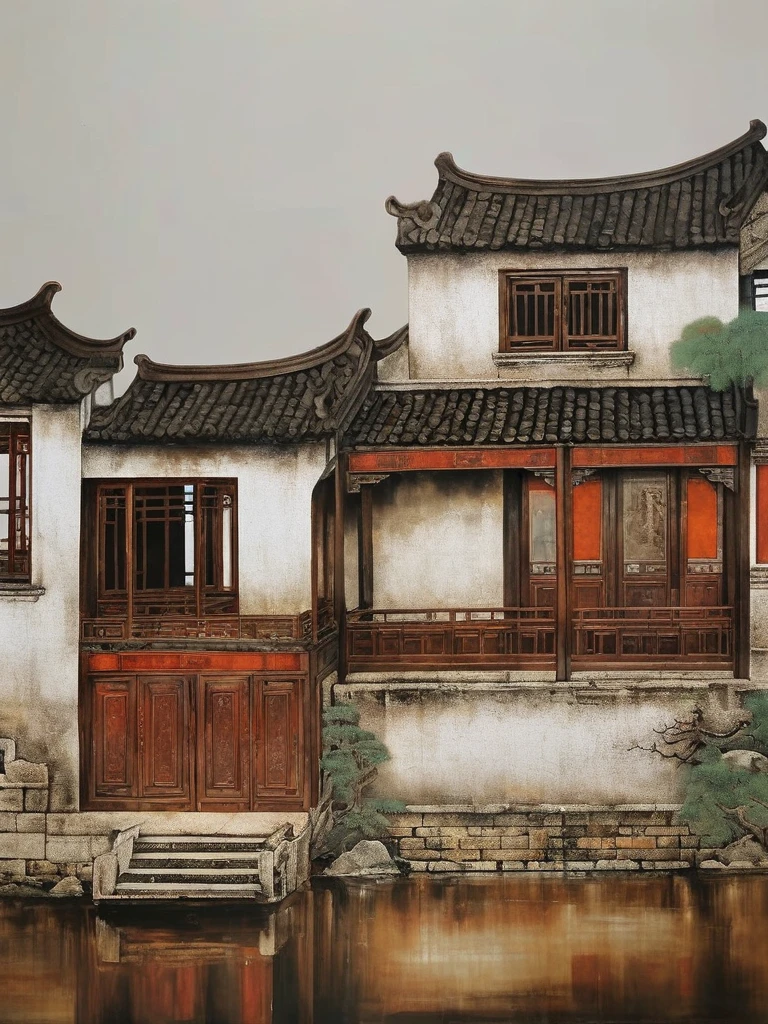 Lacquer painting landscapes,lacquer painting,Jiangnan water town, awning boat, sense of history, heavy, texture, lacquer. Arts and Crafts, Extreme Detail, Texture, Best Quality, Masterpieces, Award-Winning Works, Official Art.