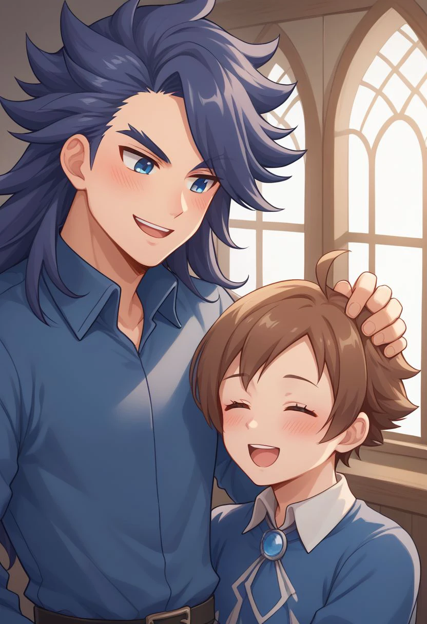 score_9, score_8_up, source_anime, highly detailed, 2boys, male_focus
janne,  1boy, long hair, blush, male focus,  long hair, blue hair, spiked hair, shirt, blue eyes, blue shirt, collared shirt, BREAK
yew, 1boy, brown hair, male focus, ahoge, smile, blue shirt, collared shirt, closed eyes, open mouth,
indoor, medieval, hand on other head, petting,