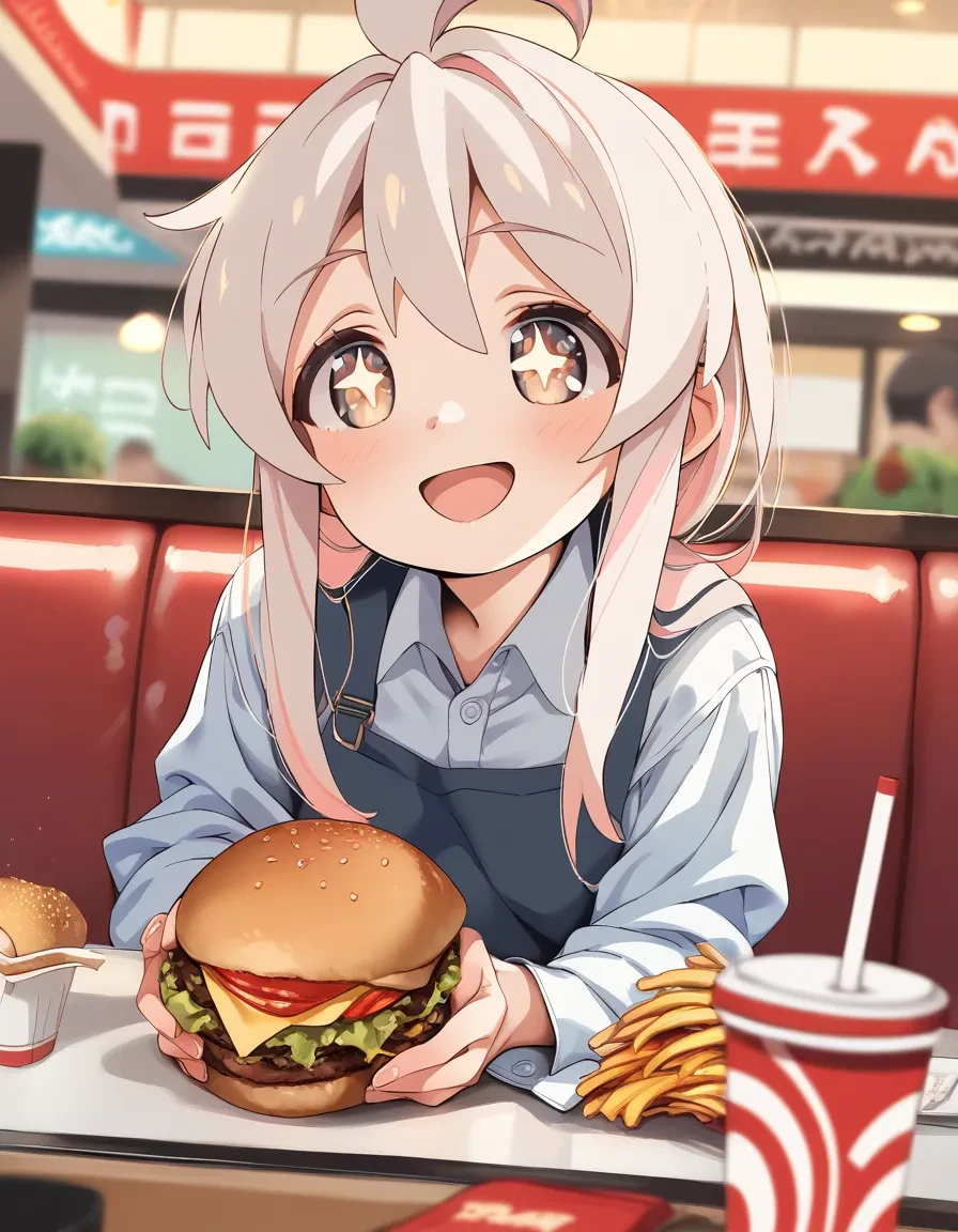 score_9, score_8_up, score_7_up, score_6_up, a girl holding a burger, open mouth, (oyama mahiro,:0.8), restaurant, smile, sparkling eyes, blush,
<lora:kink_style_pony6_v2-000038:.8>