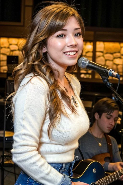 Upper Body Photo of <lora:J34n3tt3_v10:0.75>, J34n3tt3, long hair, At an intimate acoustic concert in a cozy, dimly-lit venue, the influencer sits close to the stage, the musician strumming a guitar and singing soulful melodies. She’s dressed in a casual yet stylish outfit, wearing a soft, knit sweater, distressed jeans, and ankle boots, accessorized with a simple pendant necklace. The warm, intimate setting and the heartfelt music create a relaxed and emotive atmosphere. Her serene smile and attentive posture reflect her deep appreciation for the music and the personal connection of the performance, drawing her followers into the intimate concert experience.