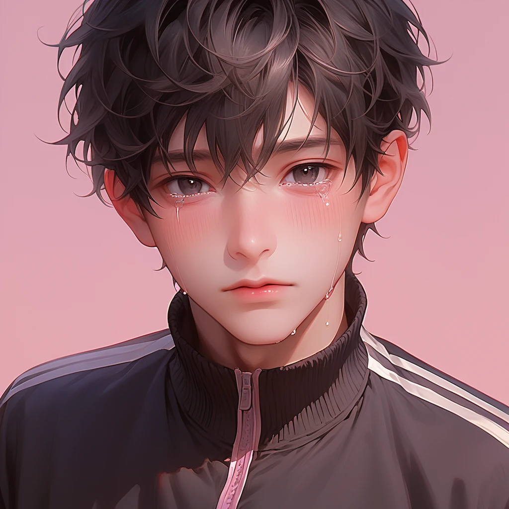 score_9,score_8_up,score_7_up,detailed face,<lora:hanman-000004:1>,1boy,black hair,bangs,track jacket,black jacket,black eyes,blush,crying with eyes open,white skin,looking at viewer,pink background,best quality,<lora:add-detail-xl:1>,