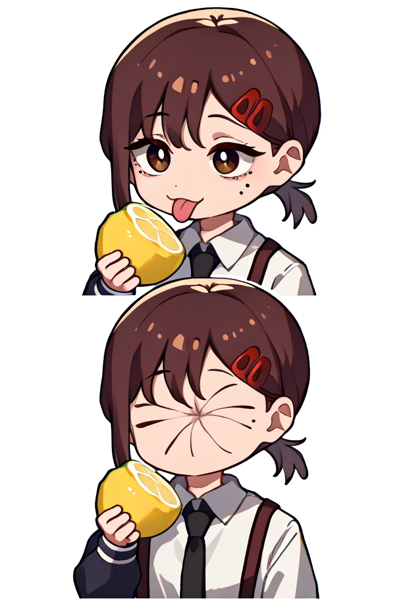 score_9, score_8_up, score_7_up, simple background, white background, 2koma, multiple views, chibi, solo, 1girl, kobenidef, mole under eye, mole under mouth, tongue out, holding fruit, lemon slice, single sidelock, short ponytail, hairclip, brown hair, white shirt, collared shirt, black necktie, long sleeves <lora:meme_thour_ponyXL:1.4> <lora:csm_higashiyamakobeni_ponyXL:1>
