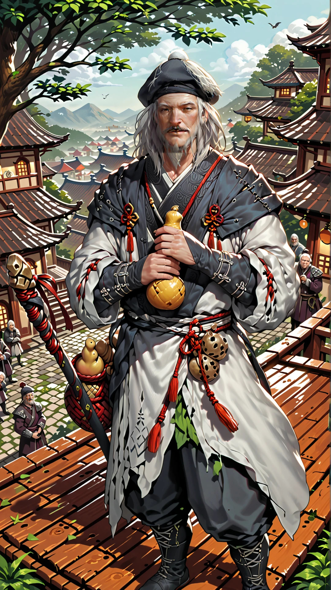 (zPDXL2), (((cowboy shot))), (((dynamic pose))), (((dynamic angle))), webtoon, anime, centered, perfect hands, (((holding gourd with one hand))), drunk, gosk, solo, old man, white hair, (white robes), smiling, male focus, facial hair, beard, hat, mustache, outdoors, medieval fantasy, Chinese, wuxia, village background,  <lora:sd_xl_dpo_lora_v1:1>, <lora:OMG-Is-DucHaiten_v1.0:0.1>,  <lora:gosk_PonyXL:0.8>