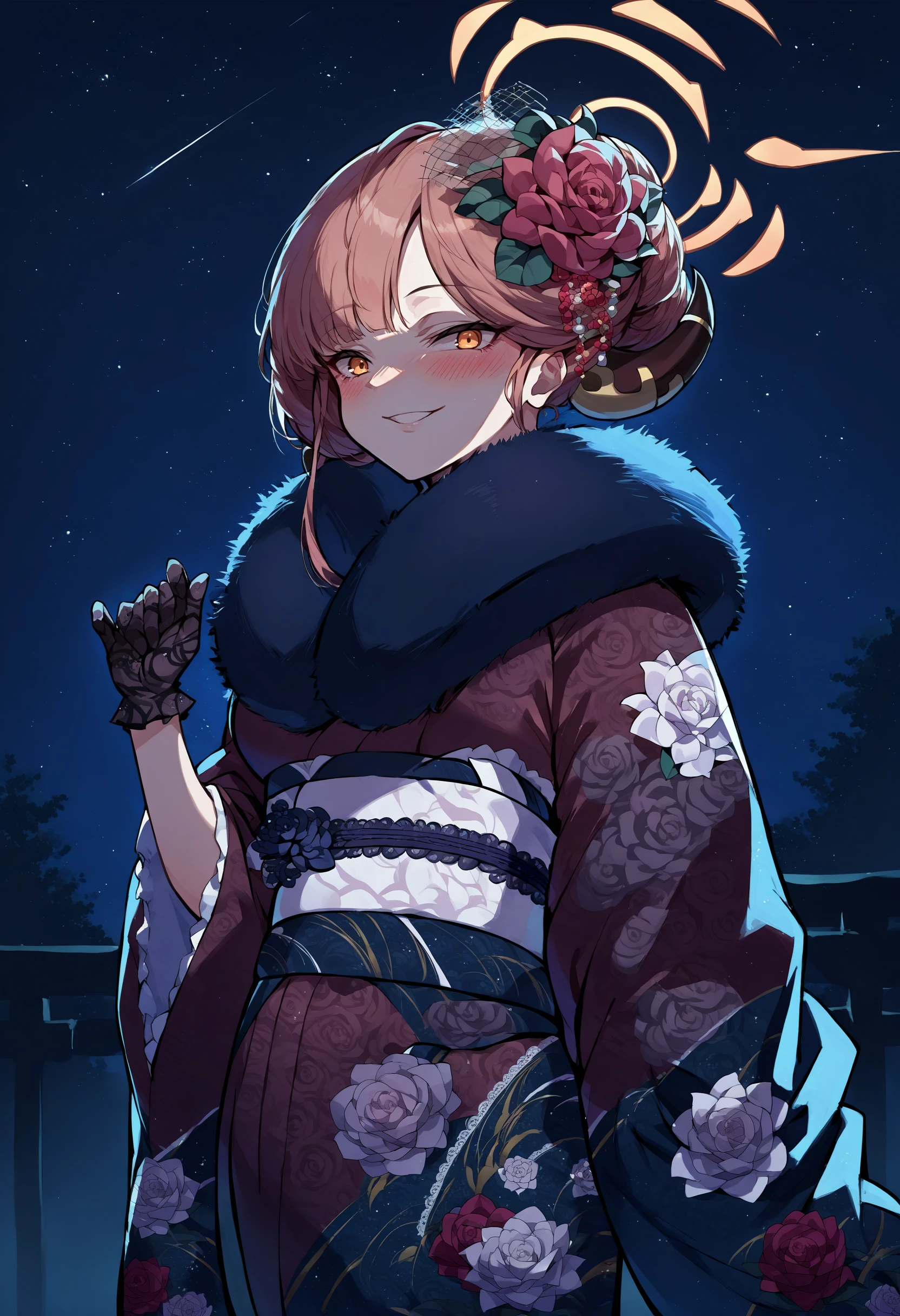 score_9, score_8_up, source_anime, 1girl, solo, AruNewYears, hair bun, horns, halo, hair flower, fur collar, red kimono, floral print kimono, lace gloves, black gloves, white sash, night, dark environment, starry sky, outdoors, smile, blush, <lora:ChamRikuhachimaAruPonyXL:1>