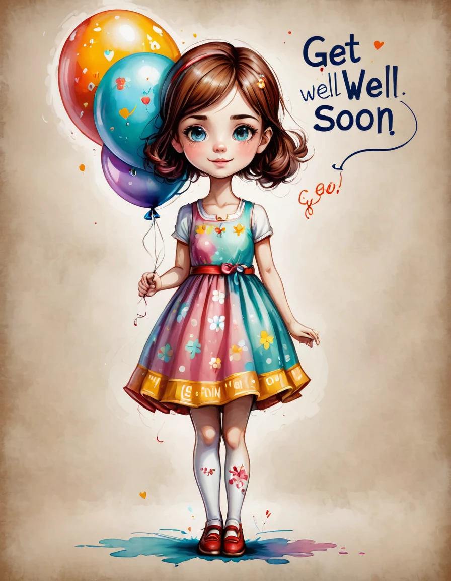 painted girl, holding a ballon, balloon says GET WELL SOON, (GETT WELL SOON on balloon)