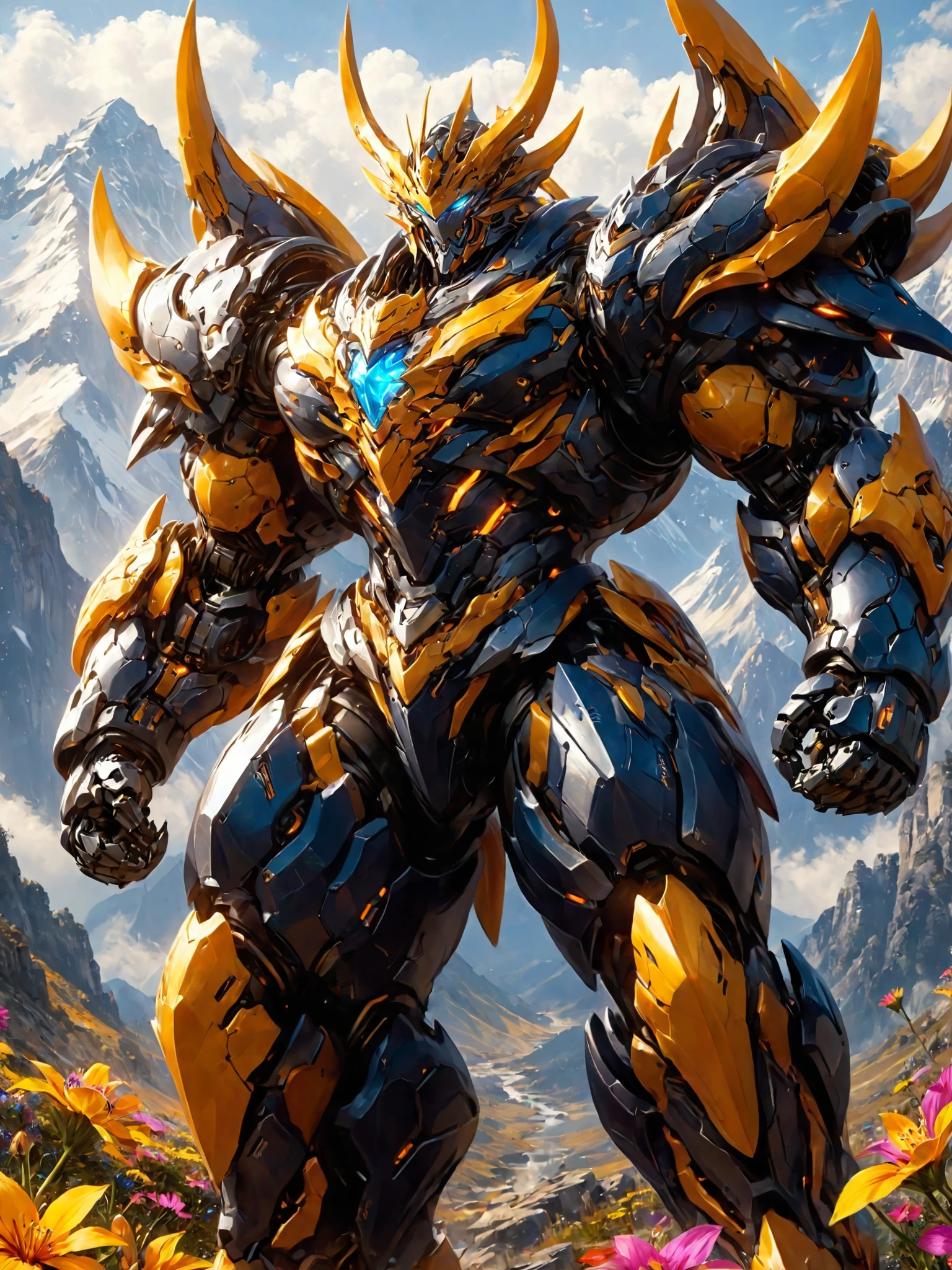 Super realistic,photography,cinematic lighting,A robot wearing heavy armor stood at the top of a mountain,with colorful wildflowers blooming at its feet,the dragon mech had an armor of teeth and claws,the armor was sharp enough to keep people away,highly saturated,brilliant colors,glowing,<lora:n2-bodybuilder-000012:0.6>,(bodybuilder,huge muscle,thick limbs,thick thighs,muscle:1.2),(extremely muscular:1.2),<lora:p9-nijimecha-000009:0.5>,nijimecha,<lora:Hyper-SDXL-8steps-CFG-lora:0.4>,