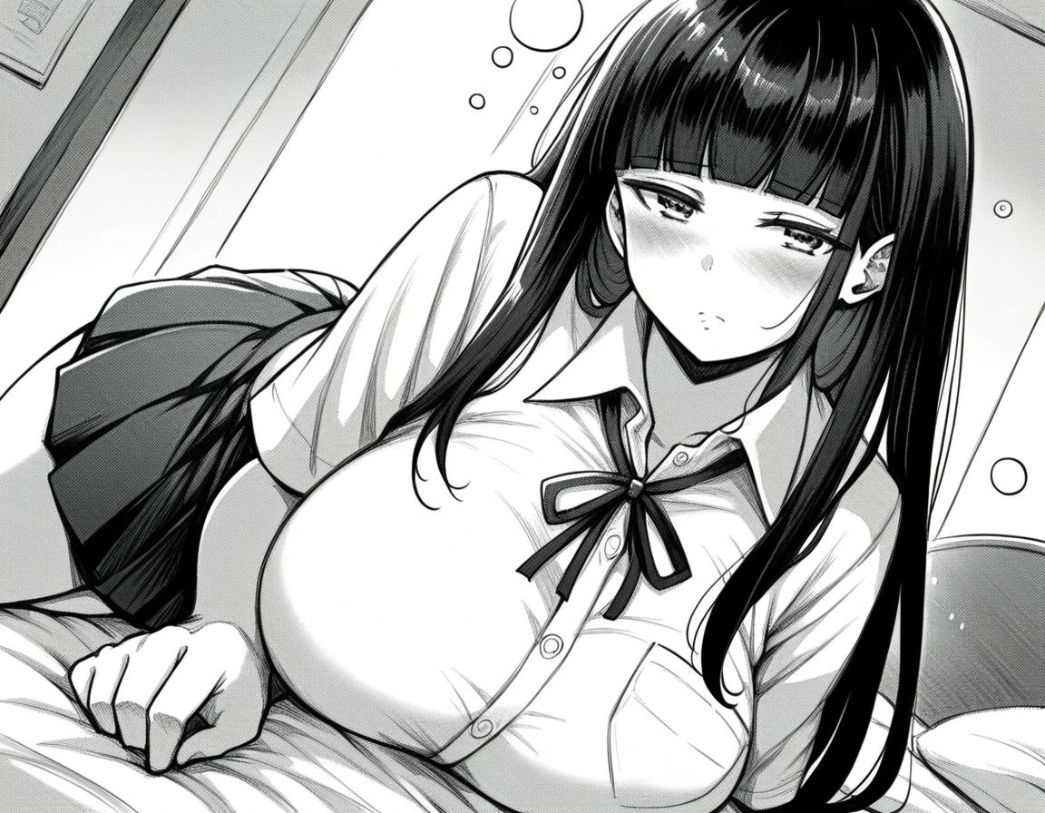 score_9, score_8_up, score_7_up,
source_anime,

VIEWFINDER,
CHITOSENISHINA, 
CHITOSE NISHINA, LONG HAIR, BANGS, BLUNT BANGS, MONOCHROME, GREYSCALE,
SKIRT, THIGHHIGHS, NAVEL, CLEAVAGE, SCHOOL_UNIFORM, PLEATED SKIRT, HAIRBAND, SERAFUKU, BLACK THIGHHIGHS, BLACK SKIRT, ZETTAI RYOUIKI, NECKERCHIEF, BOW, HAIR BOW, SHIRT,
CLASSROOM,
SHIRT LIFT ,BRA LIFT,NIPPLES,
large BREASTS, indoors,detailed background,
(large nipples),
 BREAK 
rating_explicit,uncensored,1girl,1boy,(dark-skinned male:1.3),
blush,TONGUE OUT,
orgasm,vulgarity,seductive grin smug,
saliva,saliva trail,
(half-closed eyes),looking at viewer,netorare,

reverse nursing handjob, nippletease handjob,
handjob, lying, on stomach, from above,
breast press, tongue, licking nipple, top-down bottom-up, handjob,
veiny penis,large penis,cock ring,