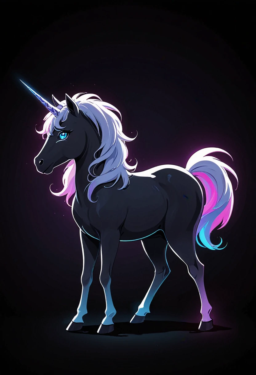 a white unicorn with a neon glowing horn in the anime style of neon silhouette contrast, dark, black and color, animestyle, illustration,shadow