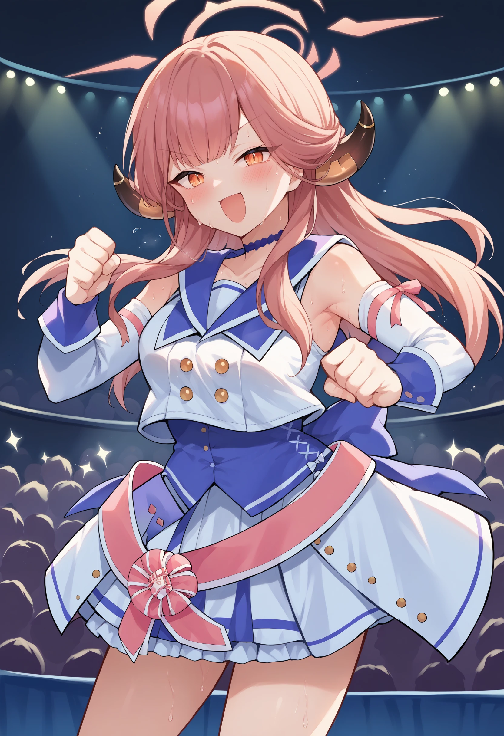 score_9, score_8_up, source_anime, 1girl, solo, AruIdol, long hair, horns, halo, blue choker, bow choker, idol clothes, white shirt, blue sailor collar, detached sleeves, blue corset, white skirt, pink belt, on stage, blush, smile, open mouth, sweat, action pose, audience, stage lights, <lora:ChamRikuhachimaAruPonyXL:1>