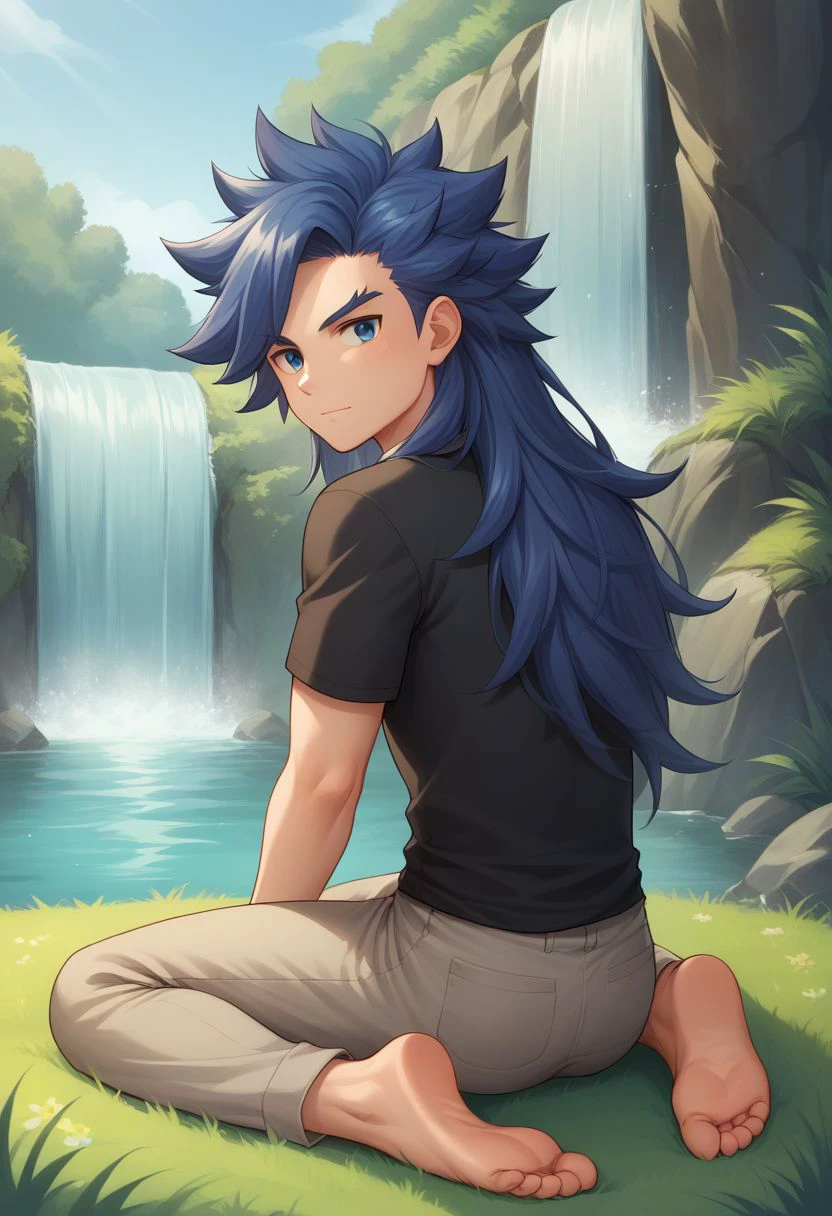 score_9, score_8_up, source_anime, highly detailed, 1boy, solo, male_focus
janne, 1boy, solo, long hair, blue hair, spiked hair, male focus, barefoot, short sleeves, sitting, pants, shirt, black shirt, looking back, looking at viewer,
outdoor, waterfall, grass,