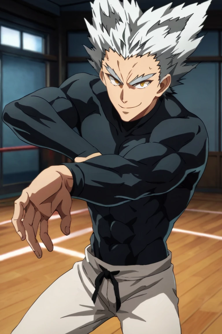 score_9,score_8_up,score_7_up,source_anime,1boy, male, solo, looking at viewer, Garou,silver hair, yellow eyes,spiked hair, muscler, indoors, upper body, black_bodysuit, white pants, evil smile, fighting pose,