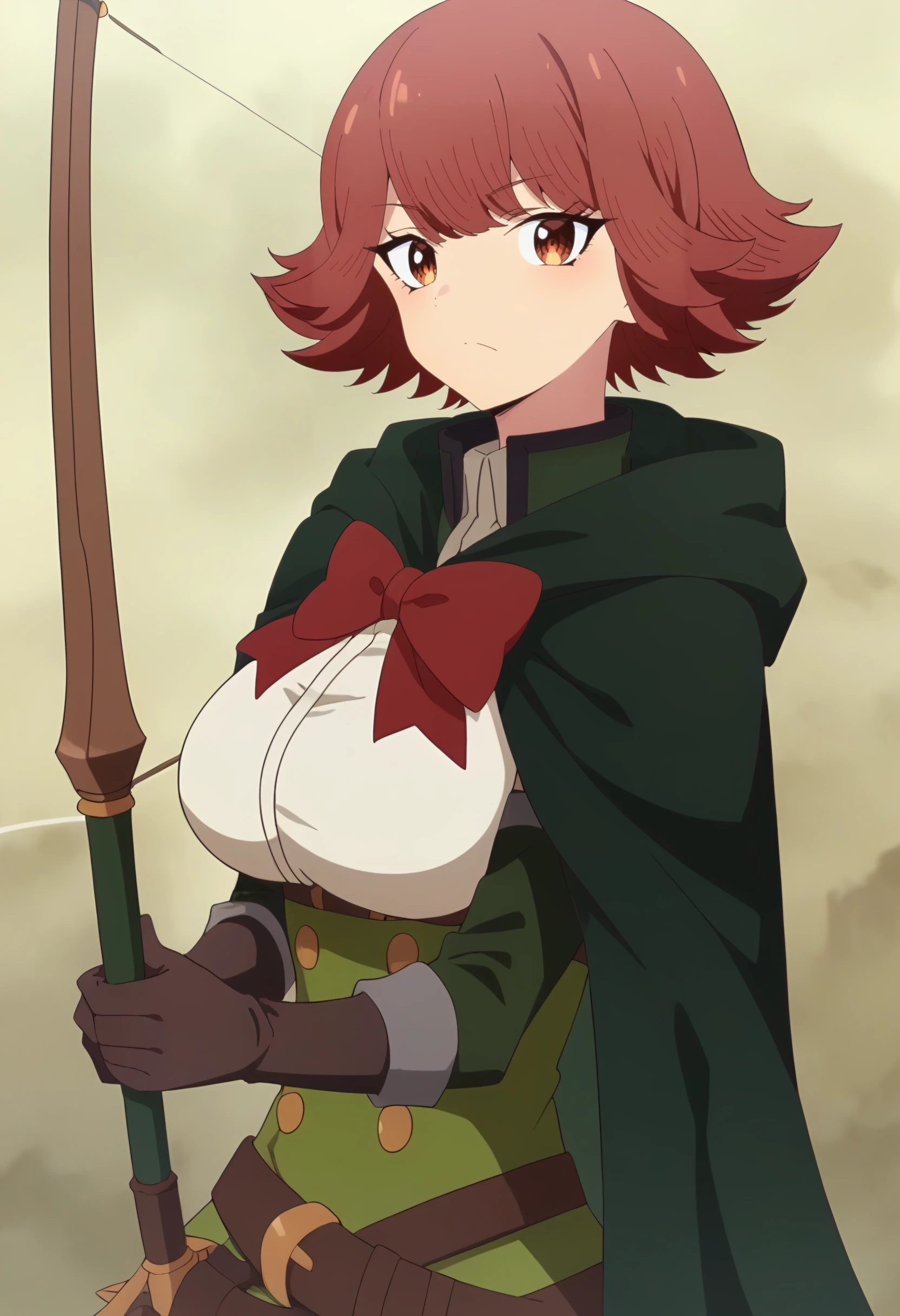 <lora:Byleri:0.9> byleri, short hair, red hair, 1girl, brown eyes, brown hair, solo, large breasts, red bow, cape, belt, cloak, red bowtie, white shirt, long sleeves, brown gloves, looking at viewer, holding bow (weapon), arrow (projectile), holding arrow, drawing bow, score_9, score_8_up, score_7_up, , anime coloring ,BREAK source_anime, anime