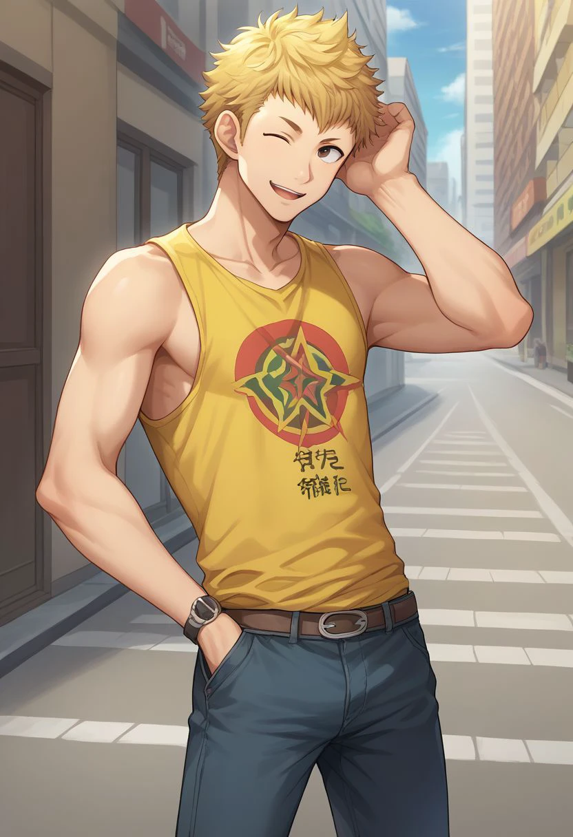 score_9, score_8_up, source_anime, highly detailed, 1boy, solo, male_focus
ryuji, 1boy, male focus, solo, blonde hair, shirt, yellow shirt, sleeveless, pants, wink,
outdoor, street, city, japan,