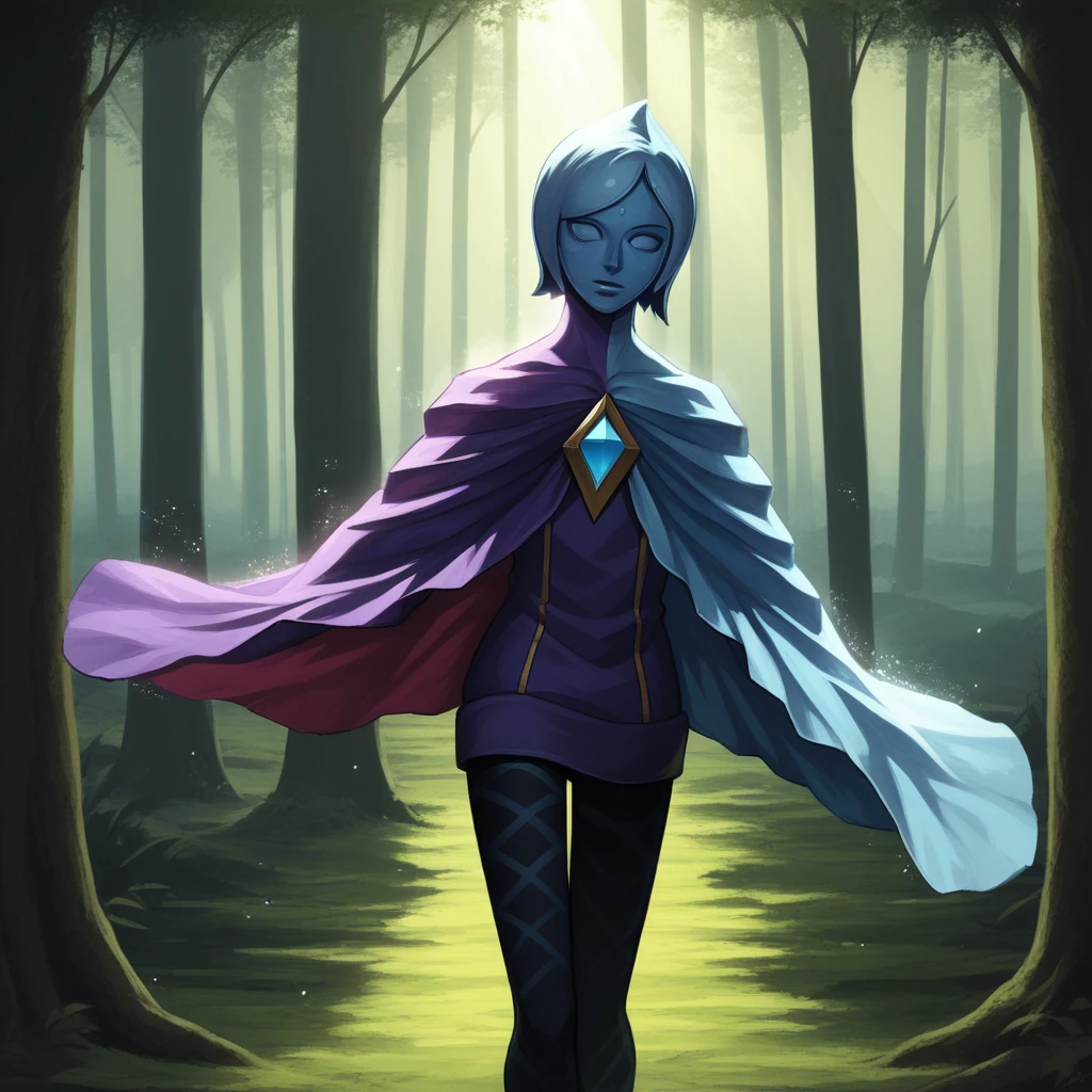 score_8_up, BREAK,  FI , 1girl, solo, short hair,  blue hair,  blue skin,  pantyhose, cape,  <lora:FI_SkywardSword_XL_Leaf1v2:1>,  light particles, forest, god light rays, cowboy shot,