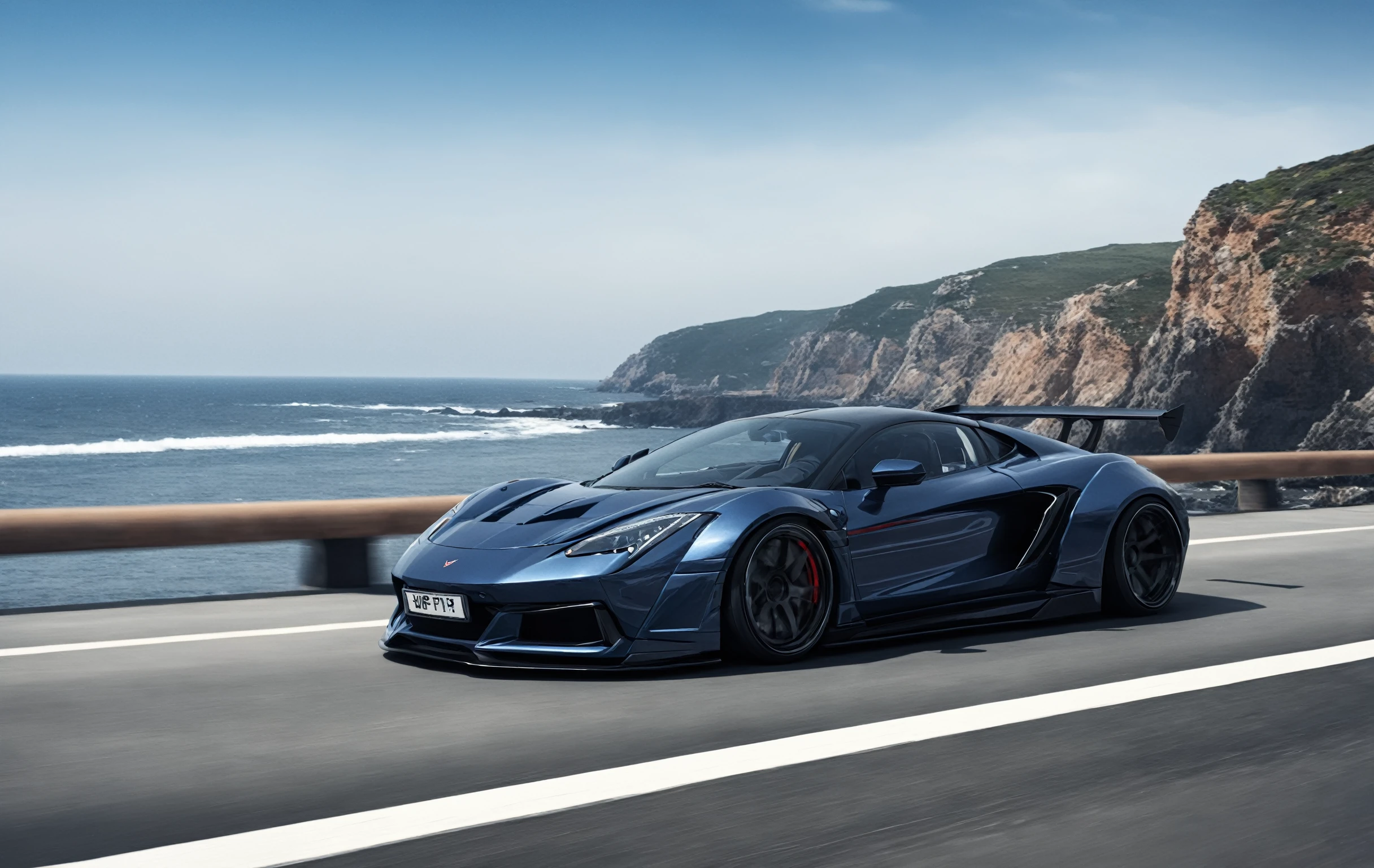 ((masterpiece,best quality)), ultra detailed, widebody super car, motion blur, in motion, on a seaside road, shore, <lora:WBC-XL-v1-000006:0.9>