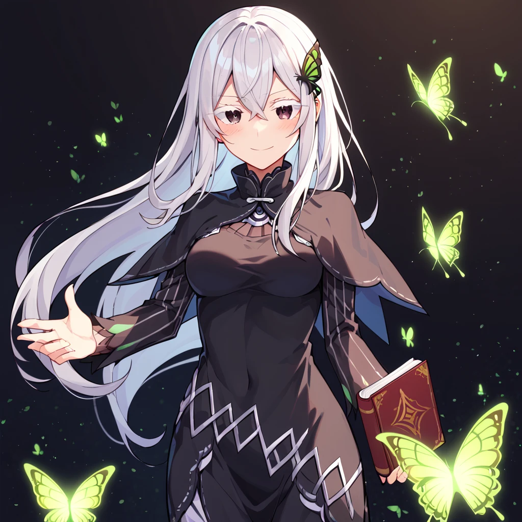 score_9, score_8_up, score_7_up, score_6_up,source_anime, BREAK,  ekhidona, MainFit, silver embroidery, 1girl, hair between eyes, smile, bug, looking at viewer, holding, closed mouth, black eyes, book, blush, standing,  butterfly in background, floating white hair, black dress, butterfly ornament, black capelet, long sleeves, colored eyelashes, medium breasts, glowing butterfly, black background,  <lora:Echidna_rezero:1>