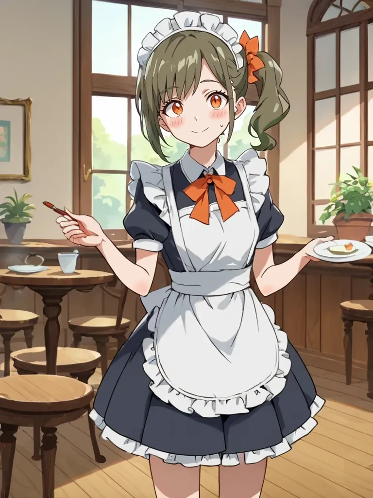 score_9, score_8_up, score_7_up, source_anime, 2D, anime_screencap, <lora:lostruinsheroinepony:1>,
1girl, solo, heroineloru, green hair, side ponytail, orange eyes, indoors, cafe, maid outfit, smile, standing, polite pose, smile, sweatdrop, blush