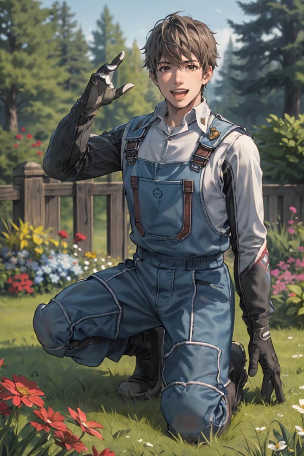 best quality, 1boy, solo, kneeling, smile, open mouth, looking at viewer, potted plant, <lora:WelkinVC:0.85> welkinVC, short hair, white shirt, gloves, overalls, boots, outdoors, garden, plants